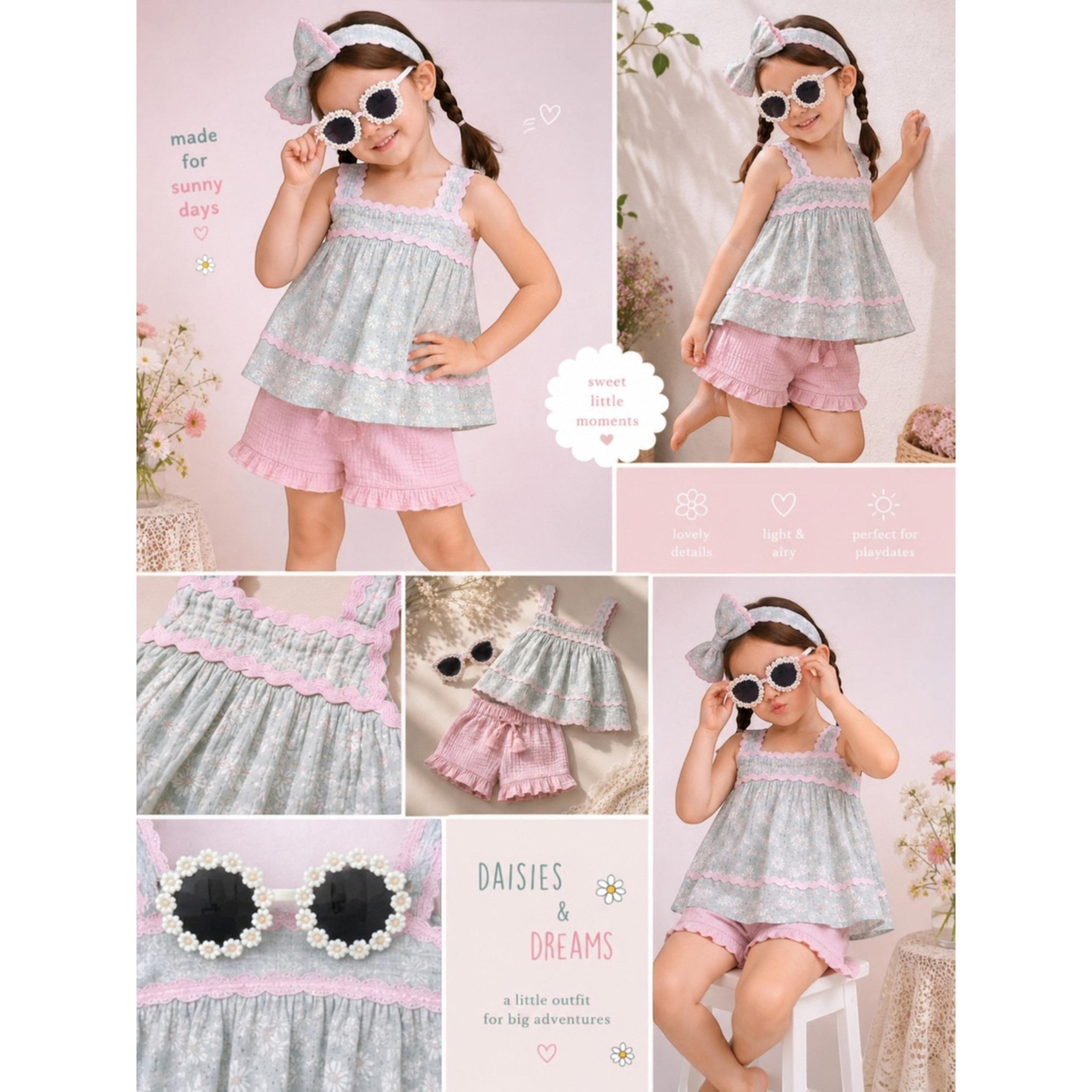 مجموعة من شورت وبلوزة قطن بدون أكمام وشريط رأس ونظارة للبنات 4 قطع-girls-clothing-setsandcoords-image-8
