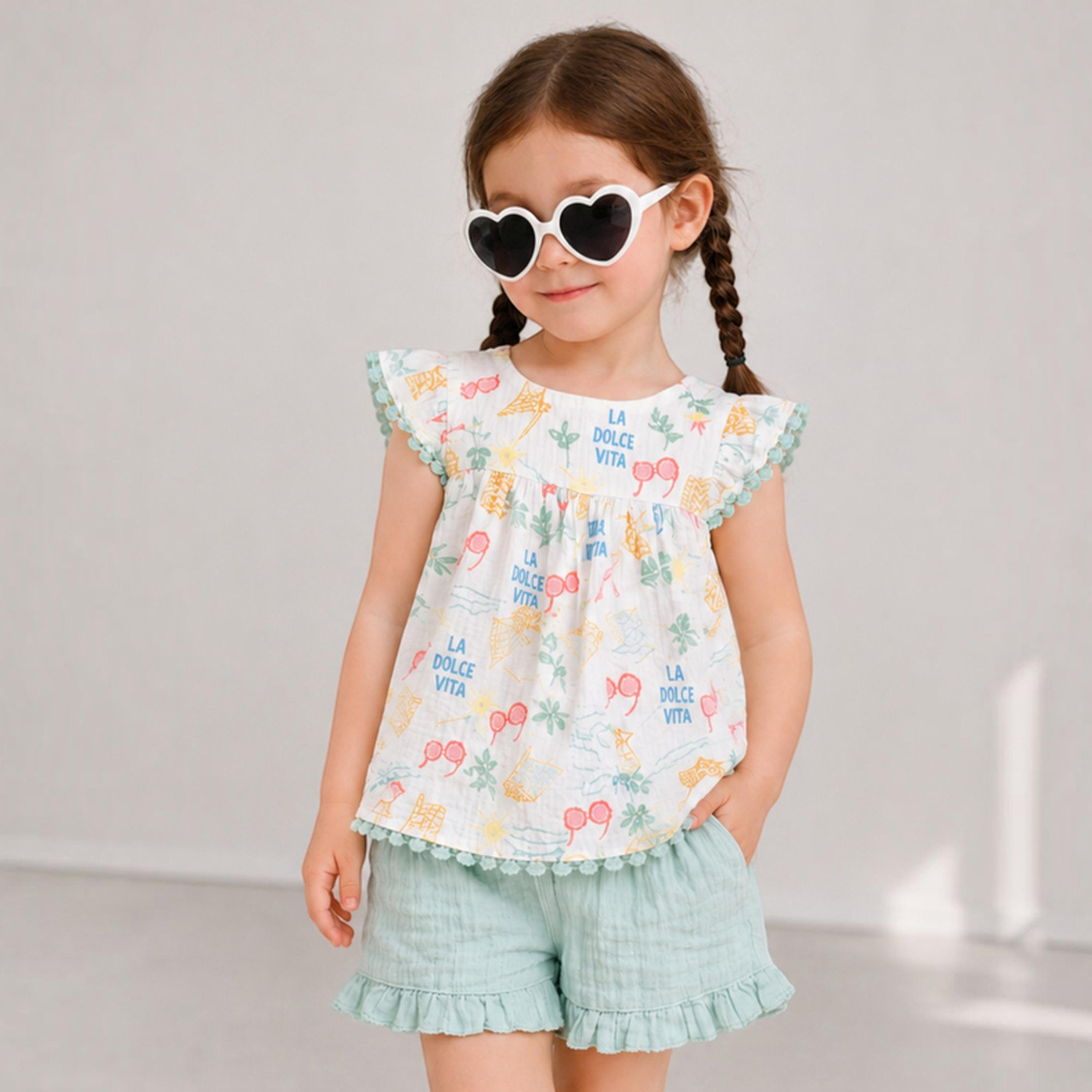 Victor and Jane X Styli 3-Piece Girls Printed Cotton Top and Ruffle Shorts with Glasses Set-girls-clothing-setsandcoords-image-1