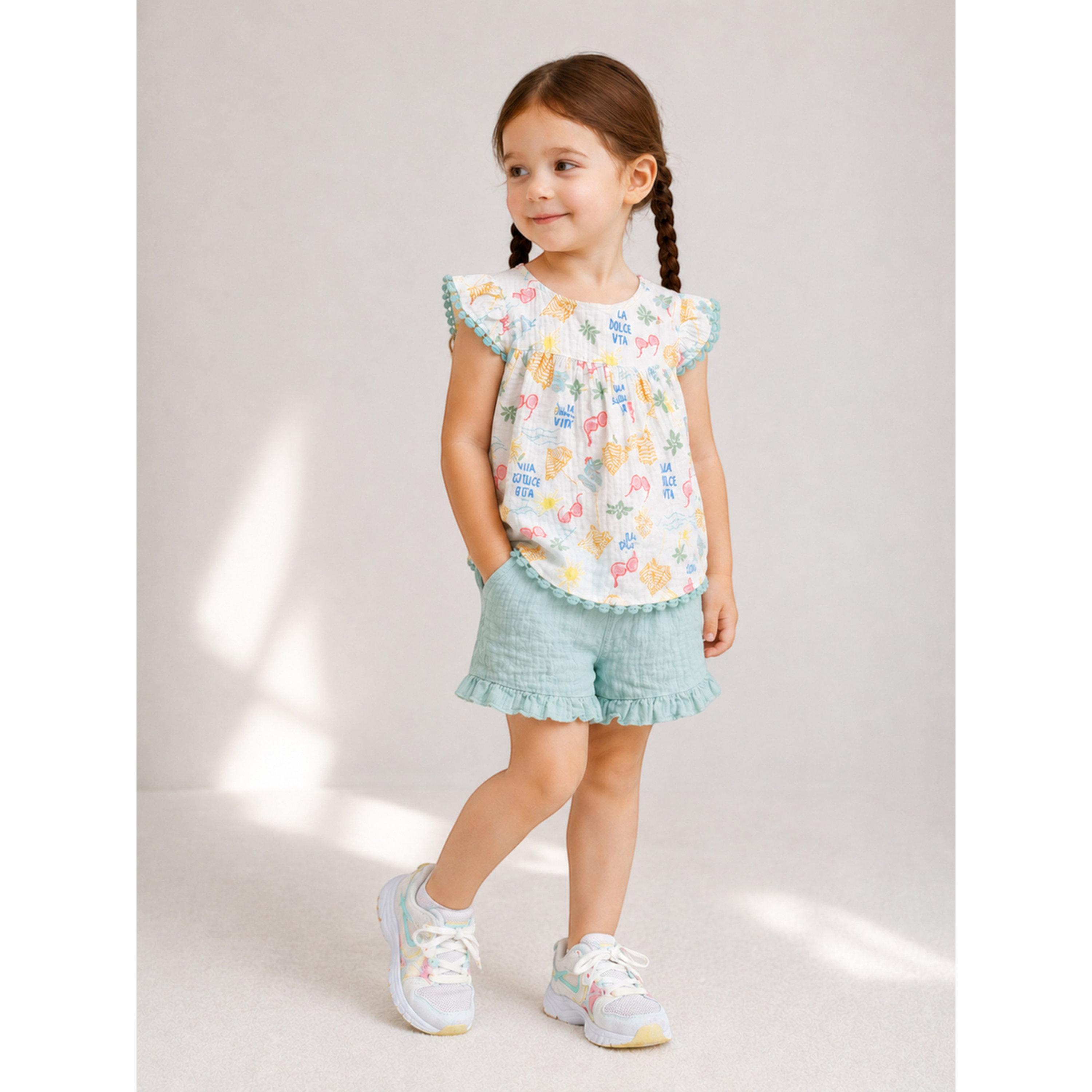 Victor and Jane X Styli 3-Piece Girls Printed Cotton Top and Ruffle Shorts with Glasses Set-girls-clothing-setsandcoords-image-2