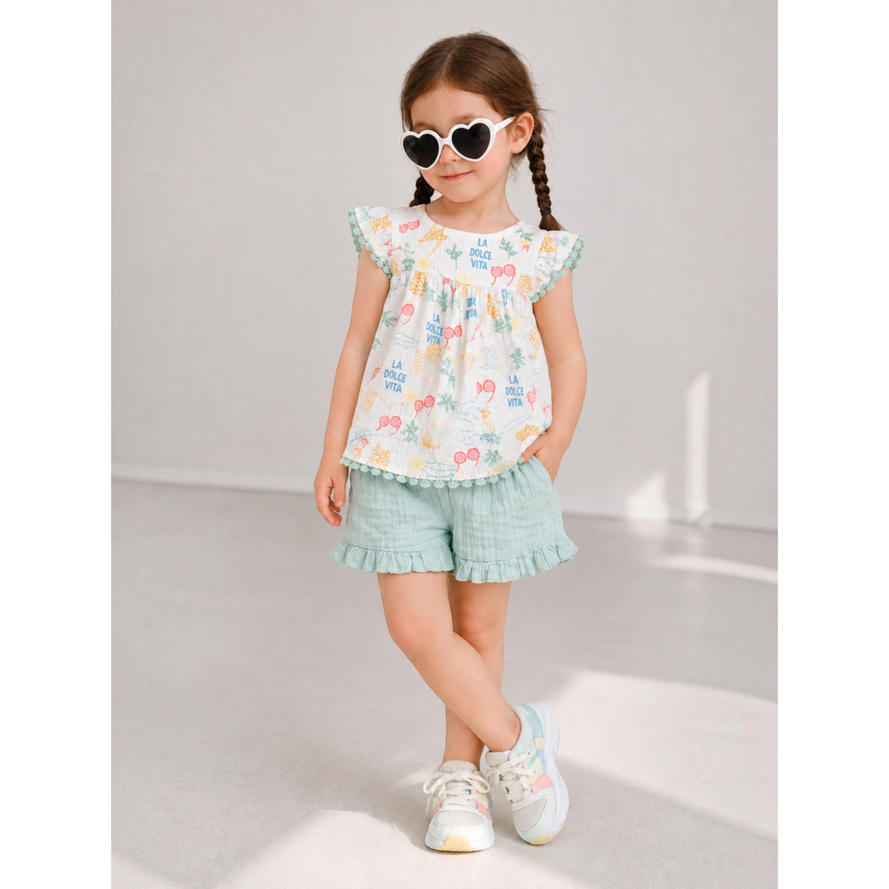 Victor and Jane X Styli 3-Piece Girls Printed Cotton Top and Ruffle Shorts with Glasses Set-girls-clothing-setsandcoords-image-3