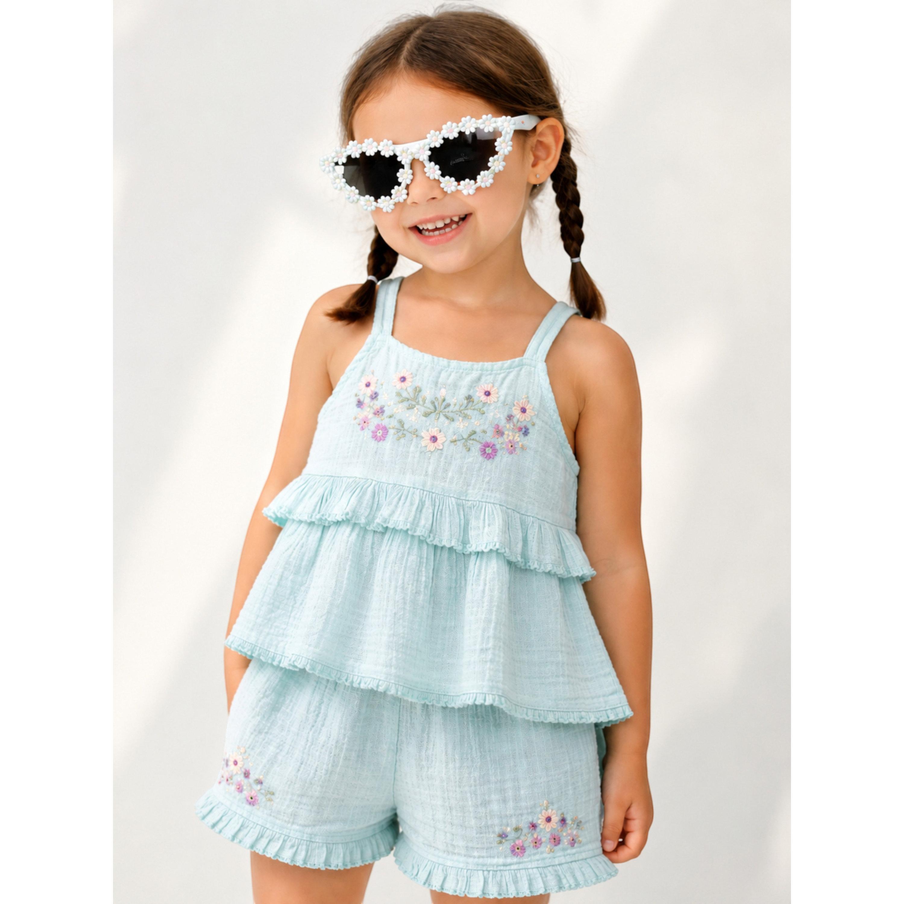 مجموعة من شورت بتفاصيل كشكش وبلوزة قطن ومطرزة ونظارة للبنات 3 قطع-girls-clothing-setsandcoords-image-1