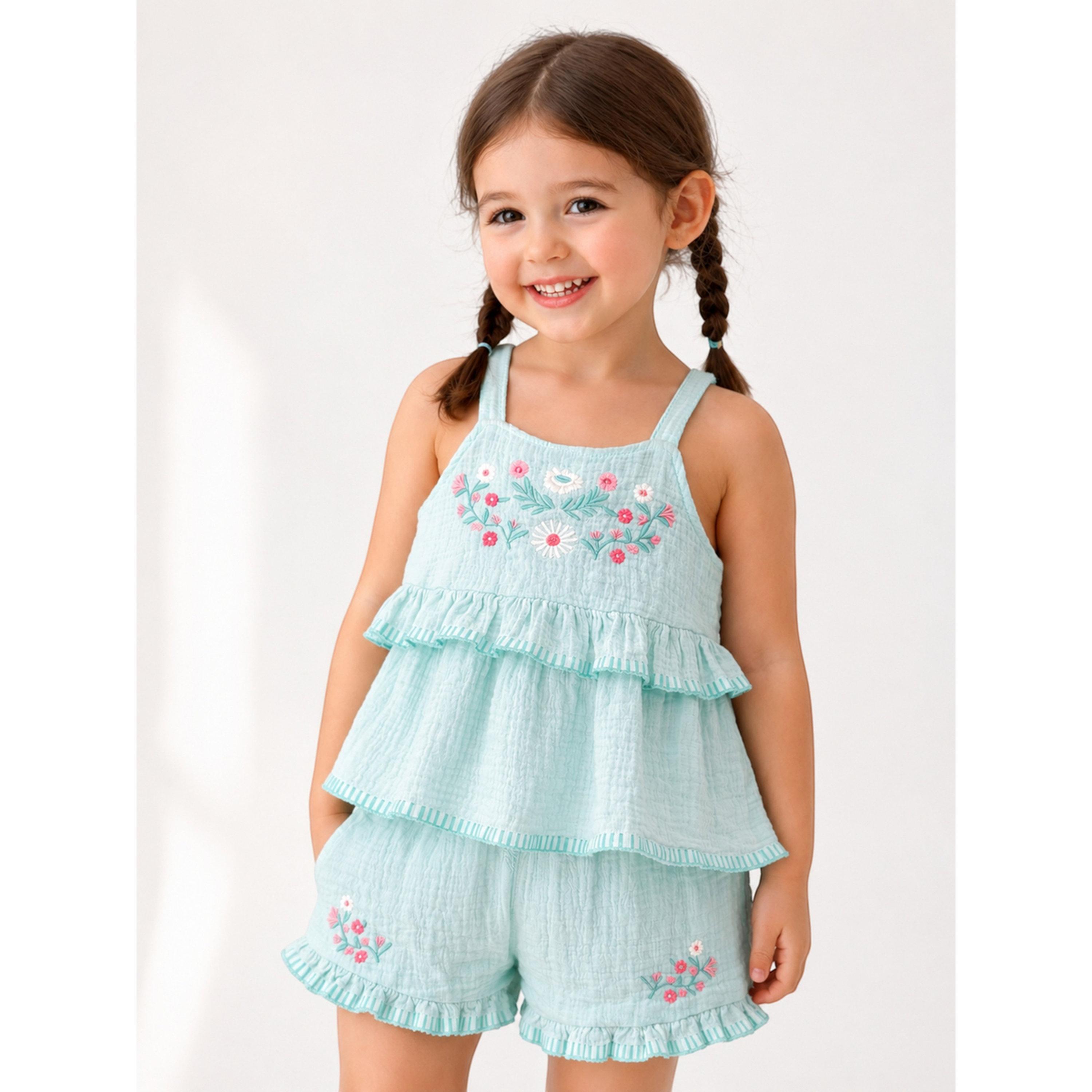 مجموعة من شورت بتفاصيل كشكش وبلوزة قطن ومطرزة ونظارة للبنات 3 قطع-girls-clothing-setsandcoords-image-2