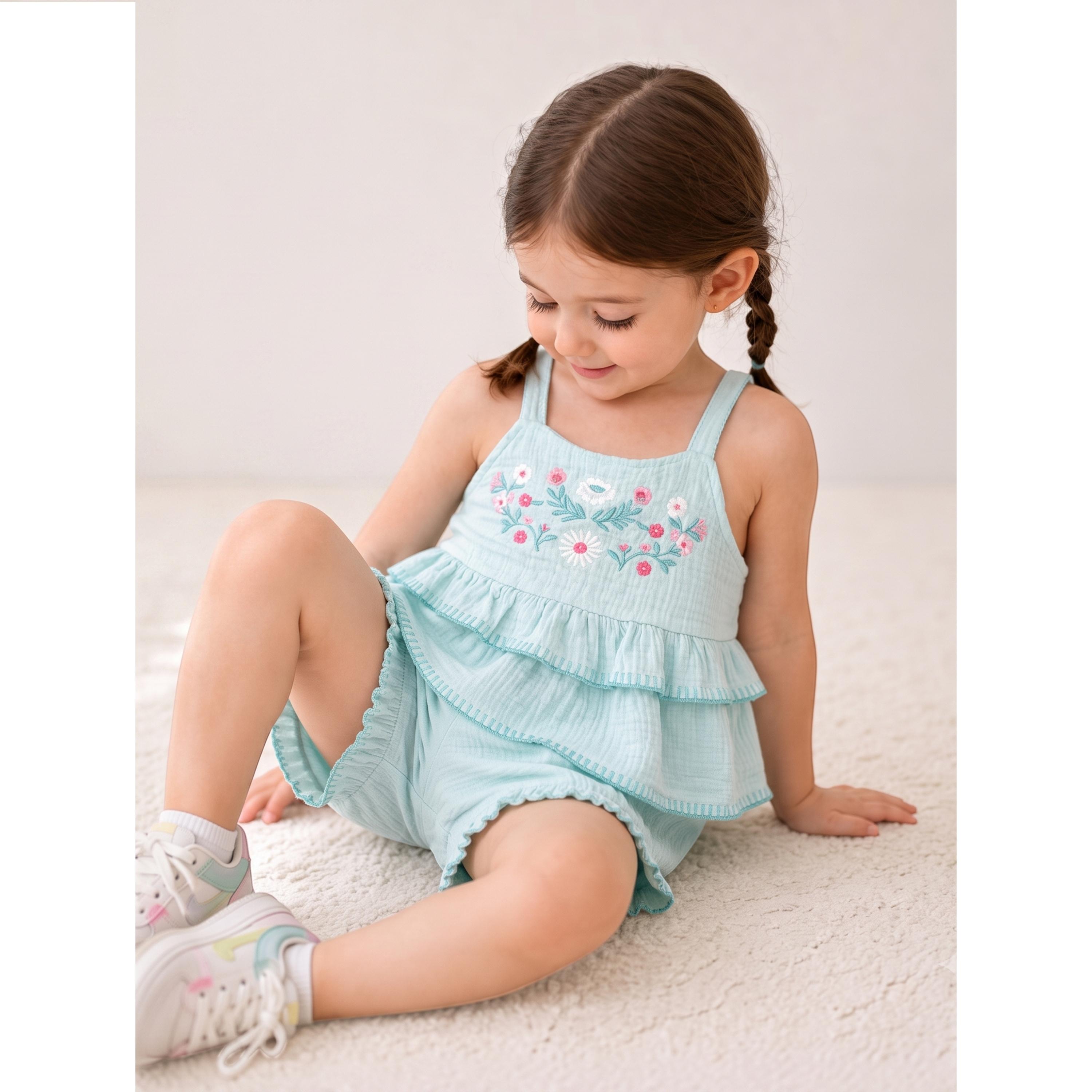 مجموعة من شورت بتفاصيل كشكش وبلوزة قطن ومطرزة ونظارة للبنات 3 قطع-girls-clothing-setsandcoords-image-3
