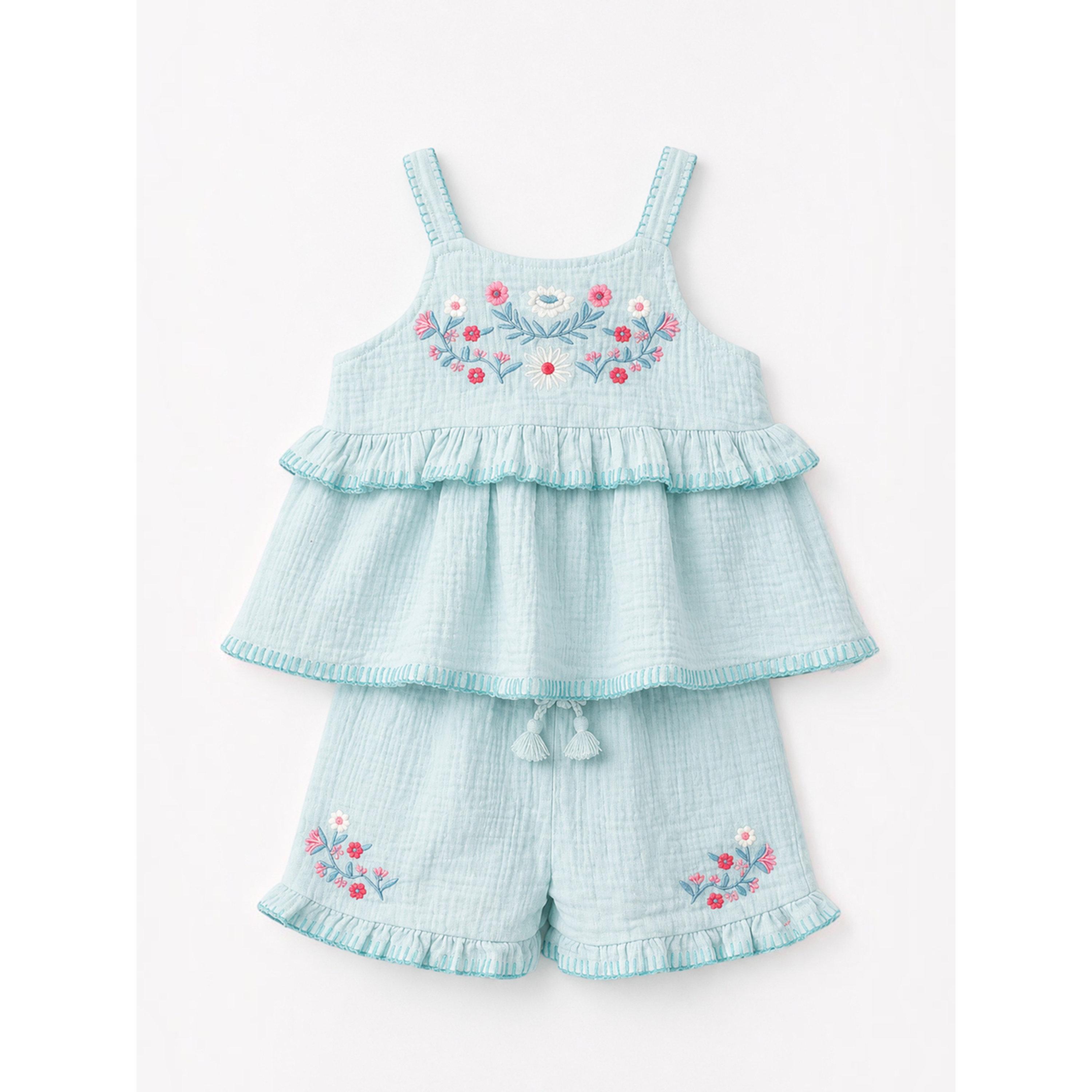 مجموعة من شورت بتفاصيل كشكش وبلوزة قطن ومطرزة ونظارة للبنات 3 قطع-girls-clothing-setsandcoords-image-4