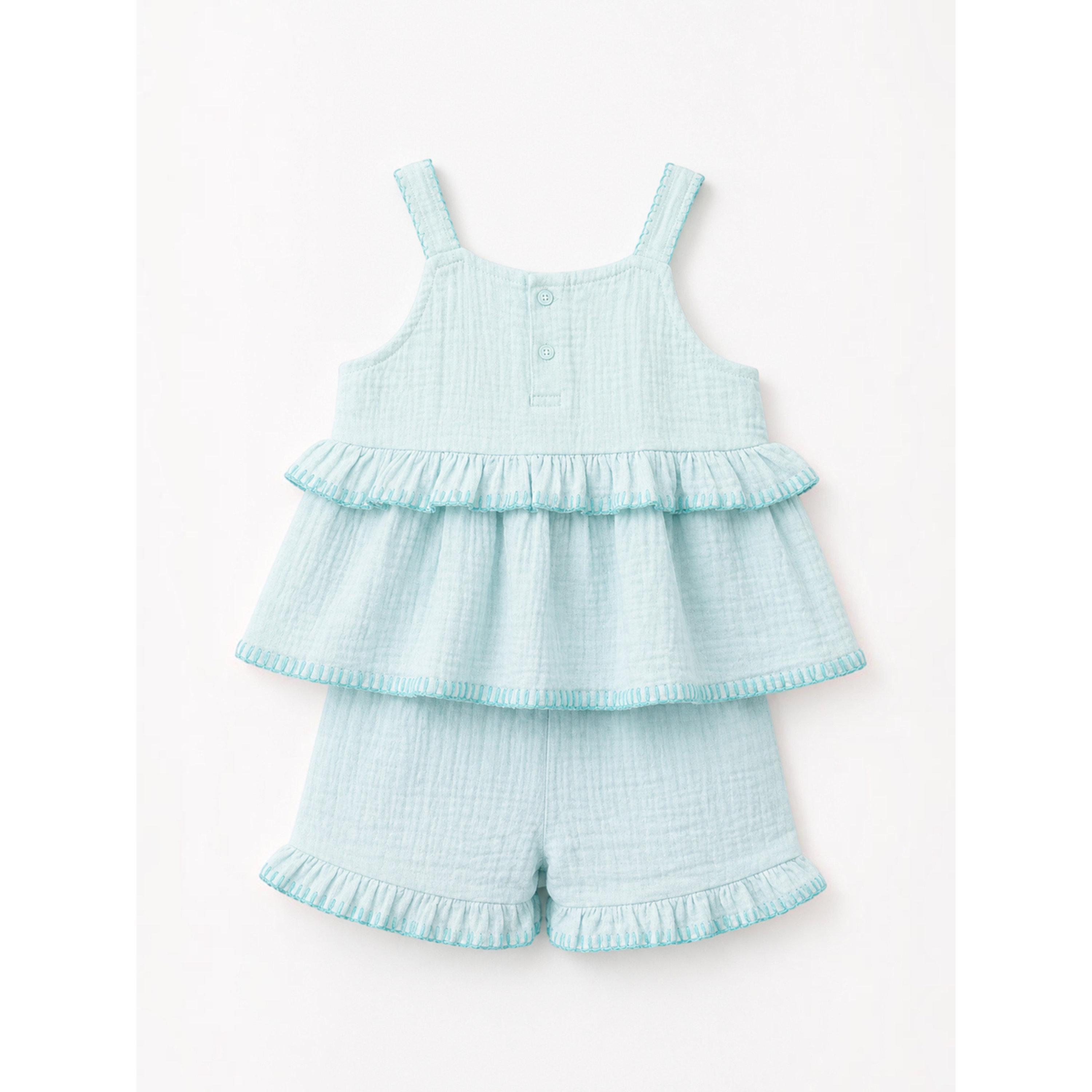 مجموعة من شورت بتفاصيل كشكش وبلوزة قطن ومطرزة ونظارة للبنات 3 قطع-girls-clothing-setsandcoords-image-5