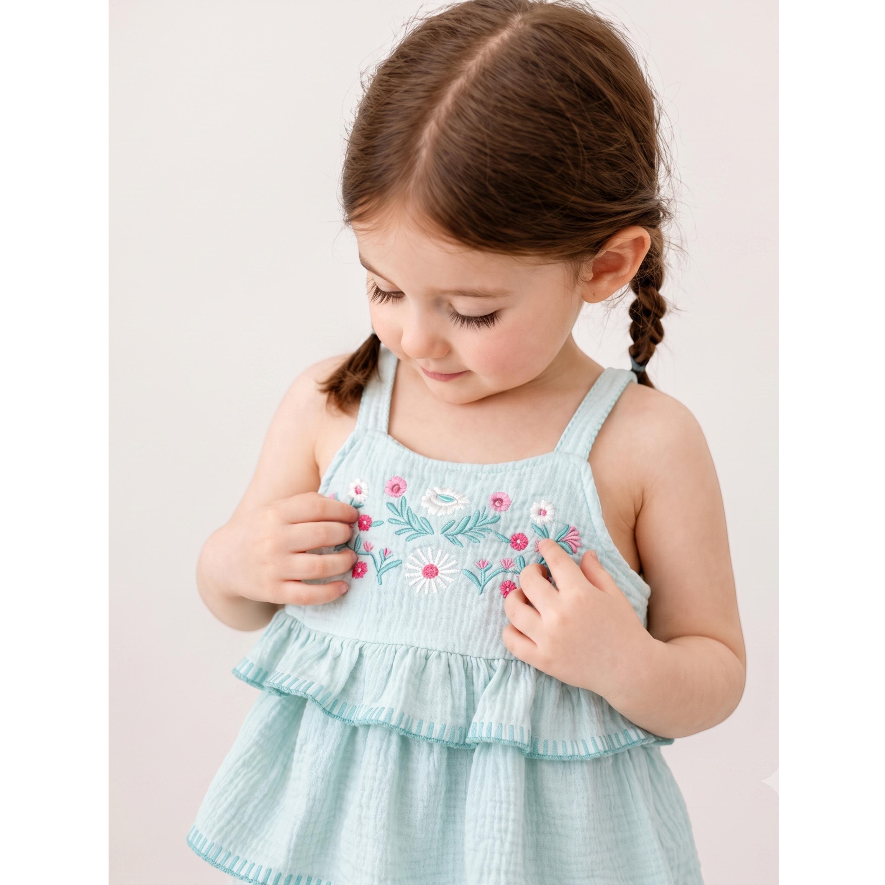مجموعة من شورت بتفاصيل كشكش وبلوزة قطن ومطرزة ونظارة للبنات 3 قطع-girls-clothing-setsandcoords-image-6