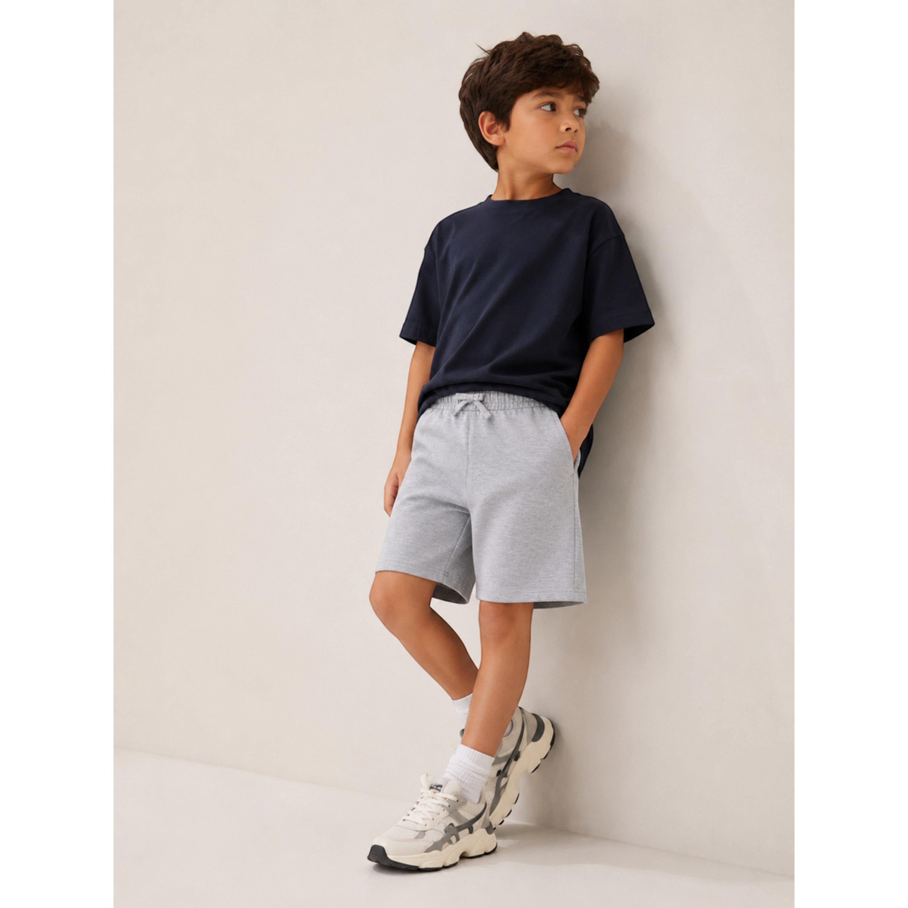 Victor and Jane X Styli Kids Grey Cotton Knitted Plain Drawstring Shorts-boys-clothing-bottoms-shorts-image-2