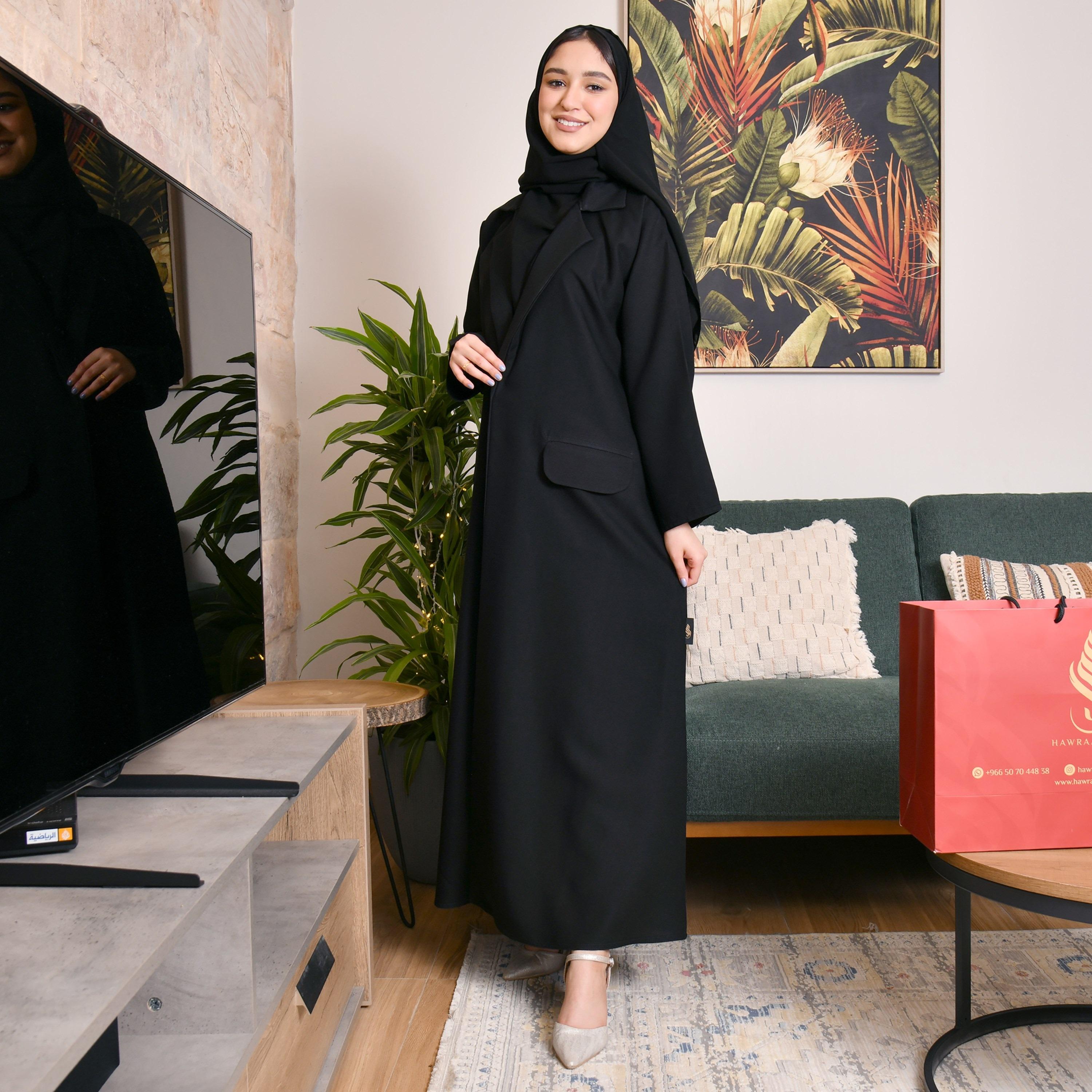 Hawraa Flap Pocket Coat Style Abaya with Hijab-women-arabicclothing-abayas-image-1