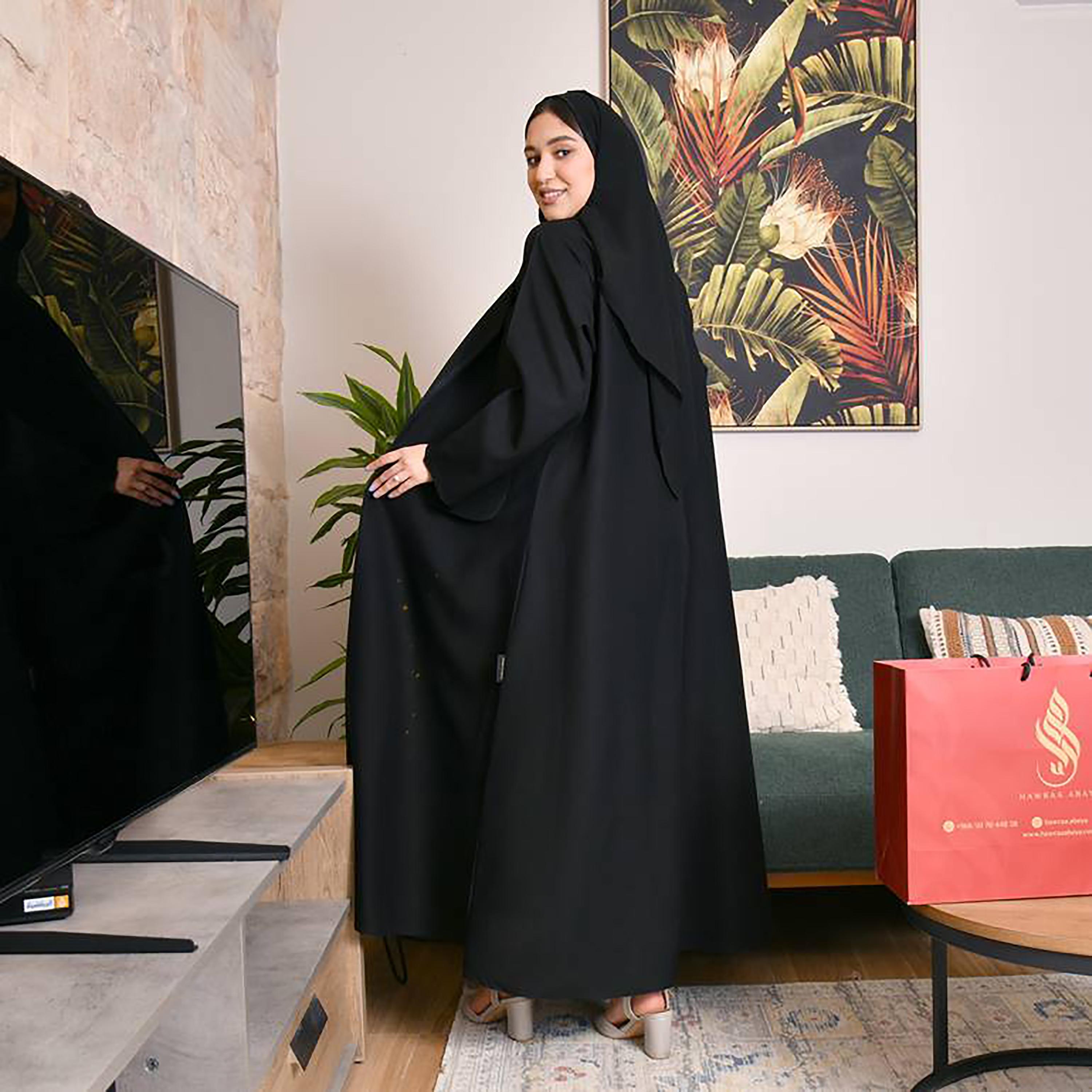 Hawraa Black Notched Lapel Collar Crepe Wrap Abaya with Hijab-women-arabicclothing-abayas-image-4