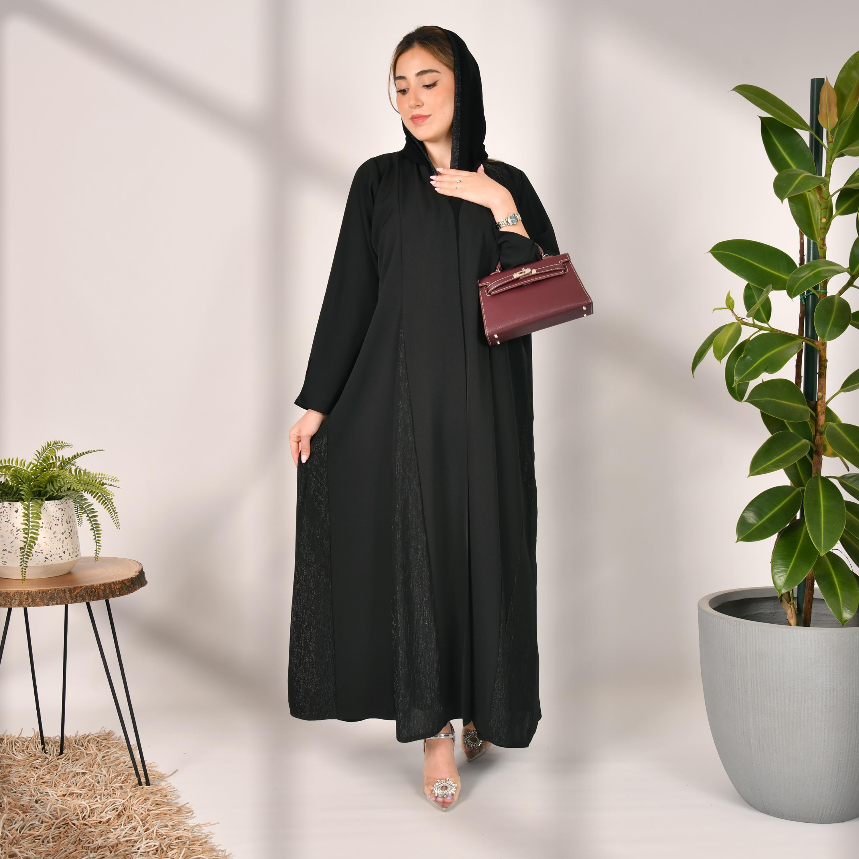 Hawraa Black Slit Sleeves Crepe Wrap Abaya with Hijab-women-arabicclothing-abayas-image-1
