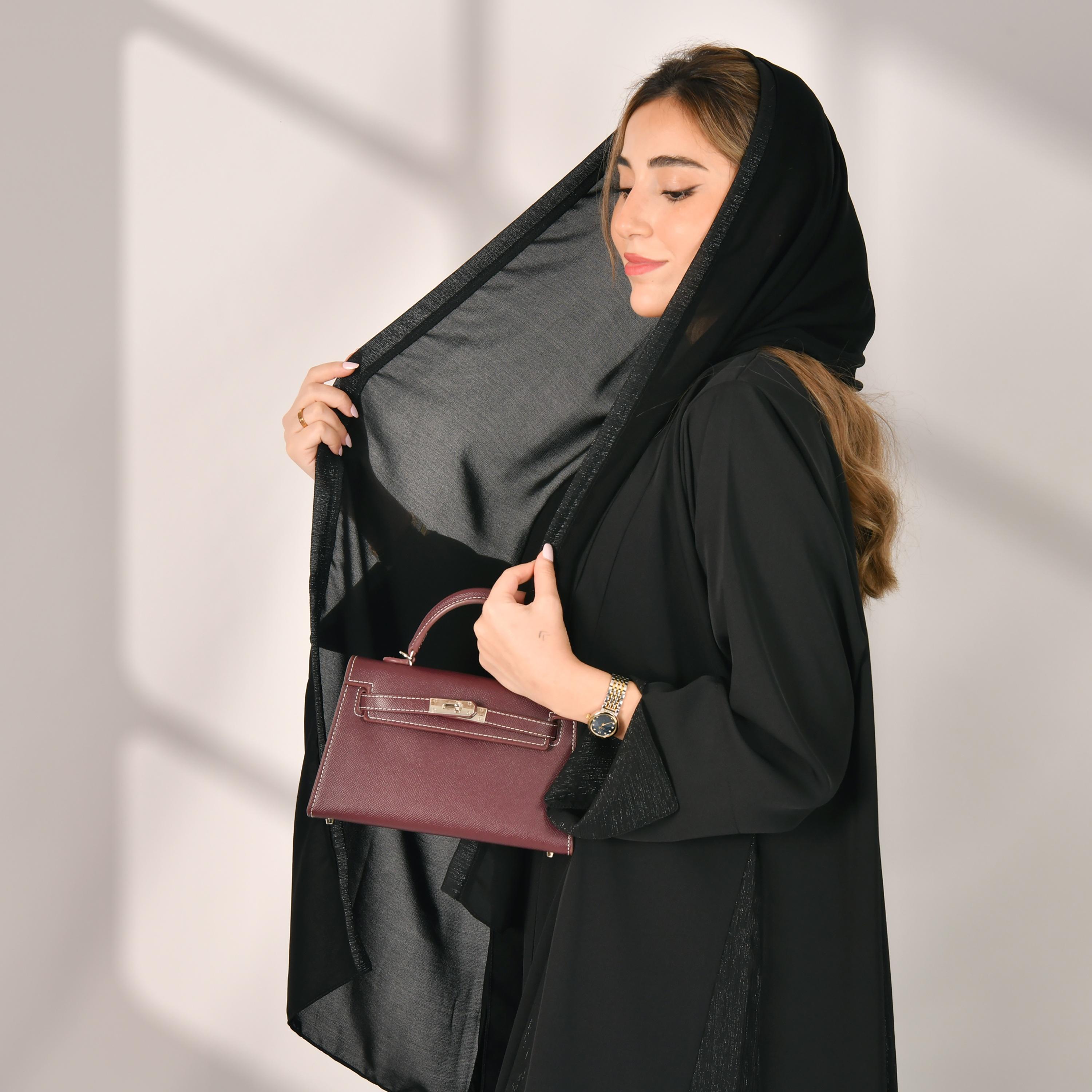 Hawraa Black Slit Sleeves Crepe Wrap Abaya with Hijab-women-arabicclothing-abayas-image-2