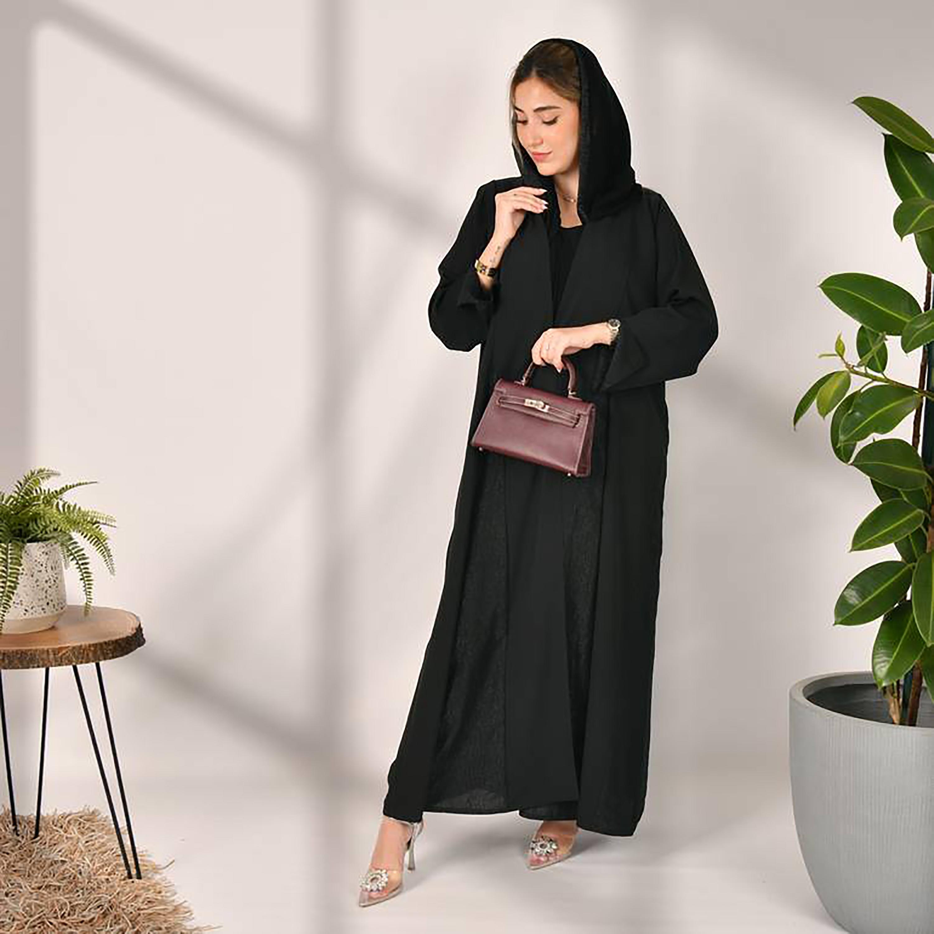 Hawraa Black Slit Sleeves Crepe Wrap Abaya with Hijab-women-arabicclothing-abayas-image-4