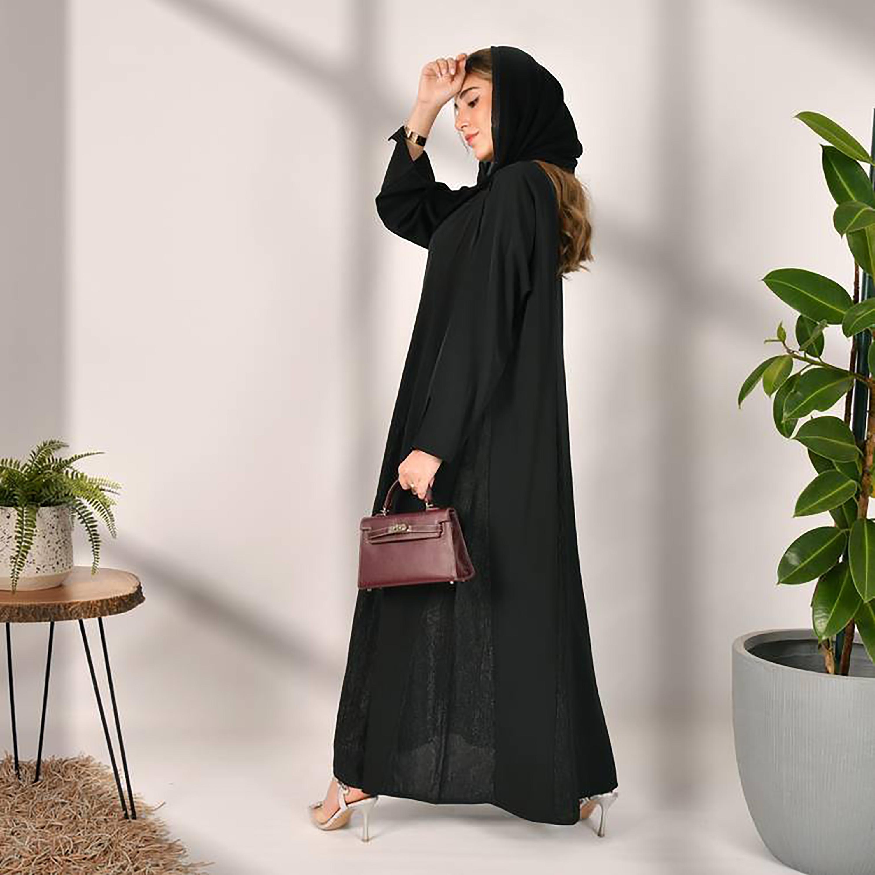 Hawraa Black Slit Sleeves Crepe Wrap Abaya with Hijab-women-arabicclothing-abayas-image-5