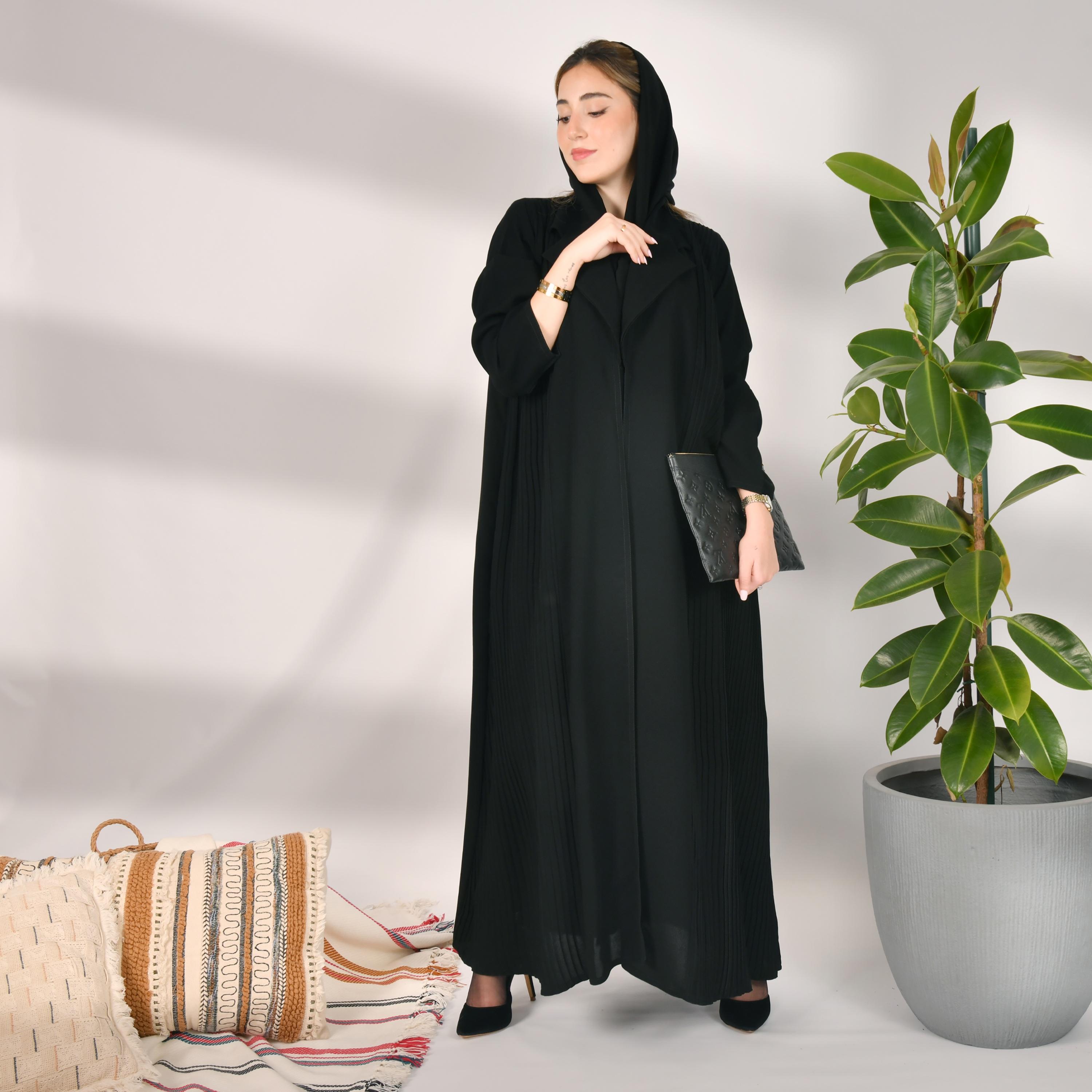 Hawraa Black Notched Lapel Collar Crepe Pleated Wrap Abaya with Hijab-women-arabicclothing-abayas-image-1