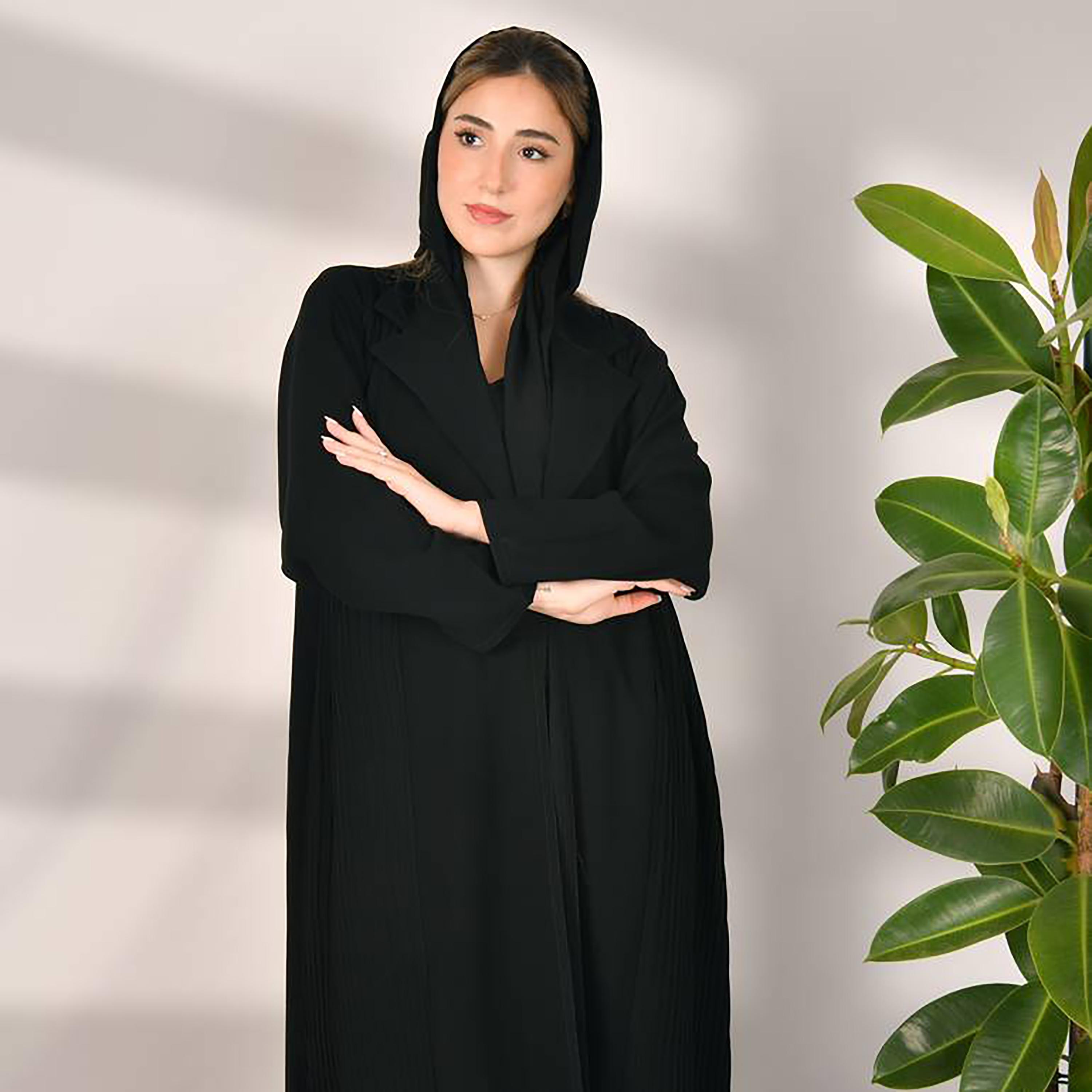 Hawraa Black Notched Lapel Collar Crepe Pleated Wrap Abaya with Hijab-women-arabicclothing-abayas-image-2