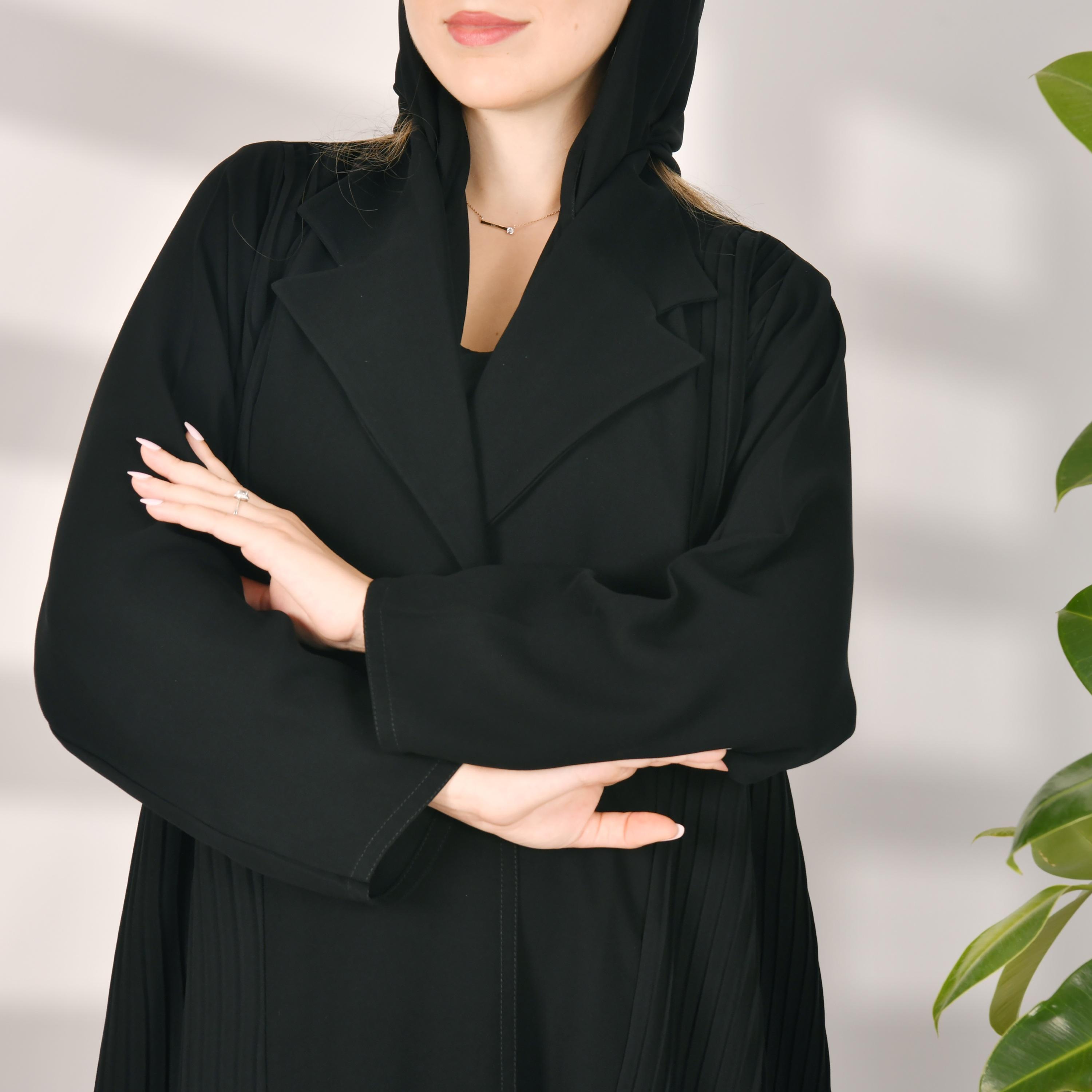 Hawraa Black Notched Lapel Collar Crepe Pleated Wrap Abaya with Hijab-women-arabicclothing-abayas-image-3