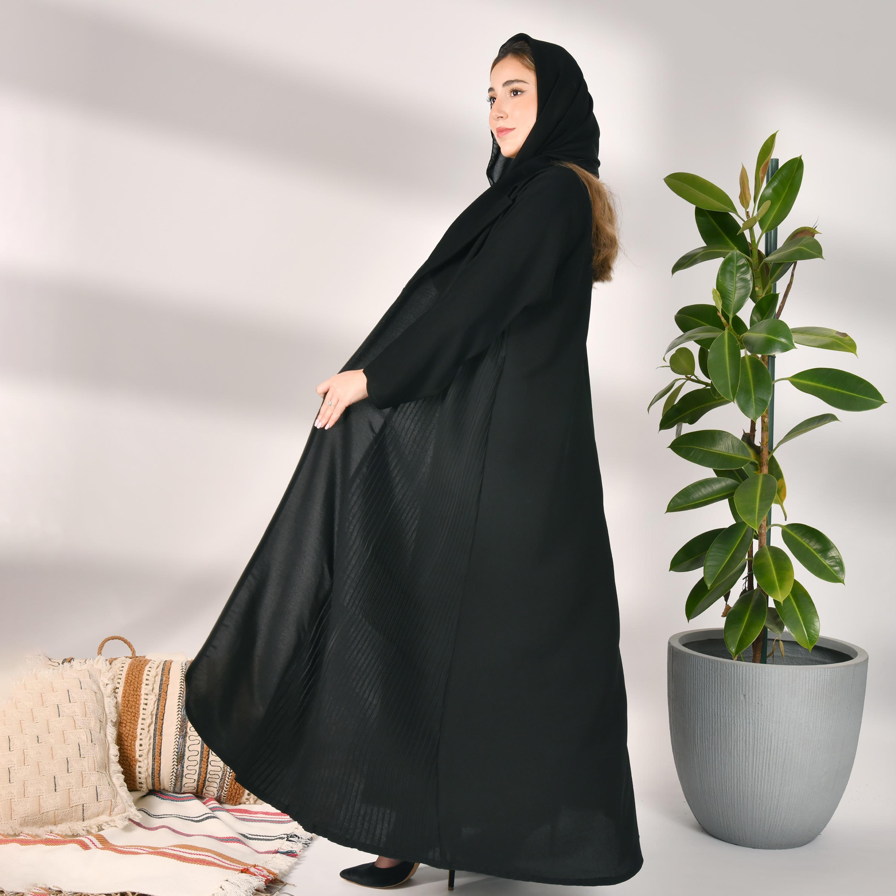 Hawraa Black Notched Lapel Collar Crepe Pleated Wrap Abaya with Hijab-women-arabicclothing-abayas-image-4