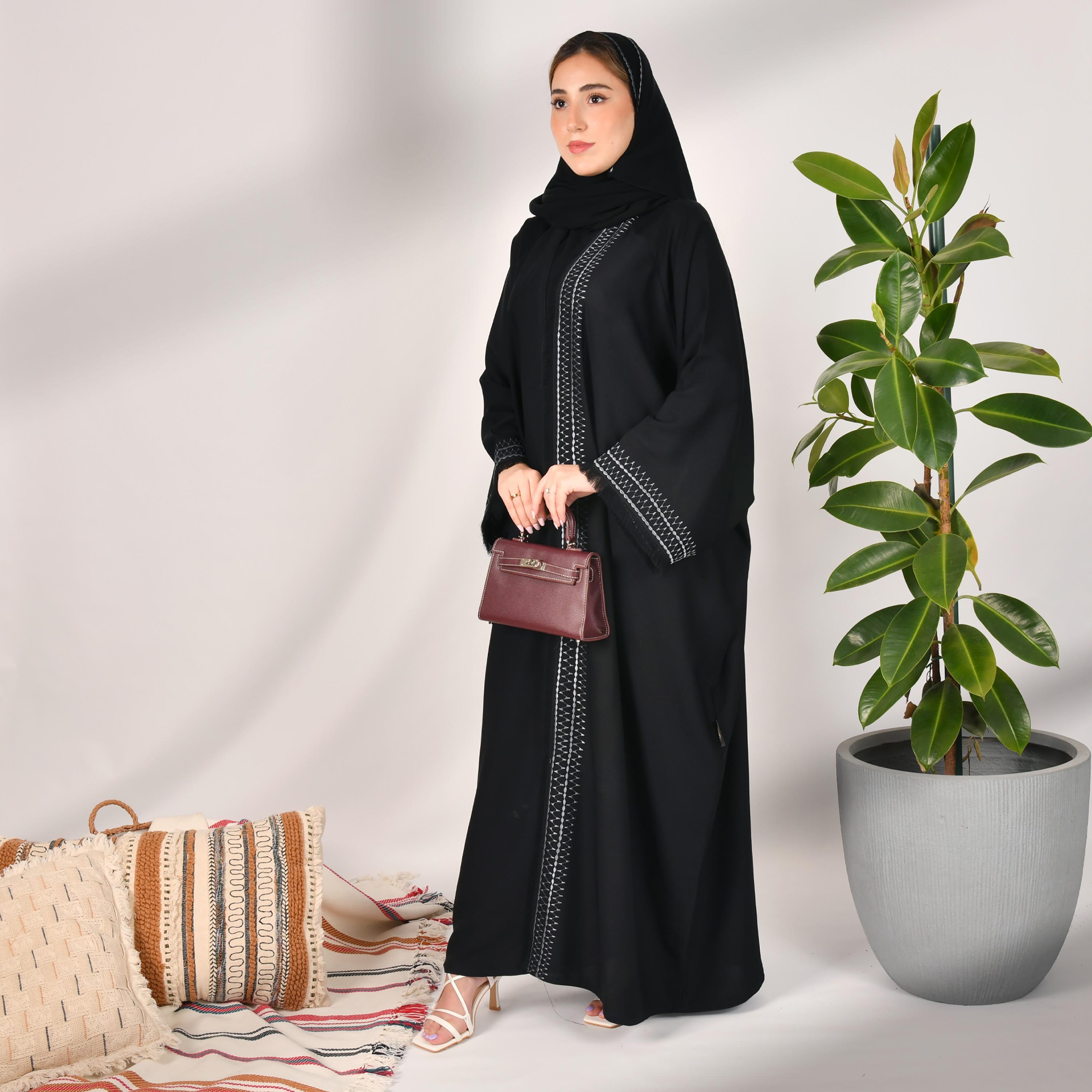 Hawraa Black Flared Sleeves Crepe Embroidered Wrap Abaya with Hijab-women-arabicclothing-abayas-image-1