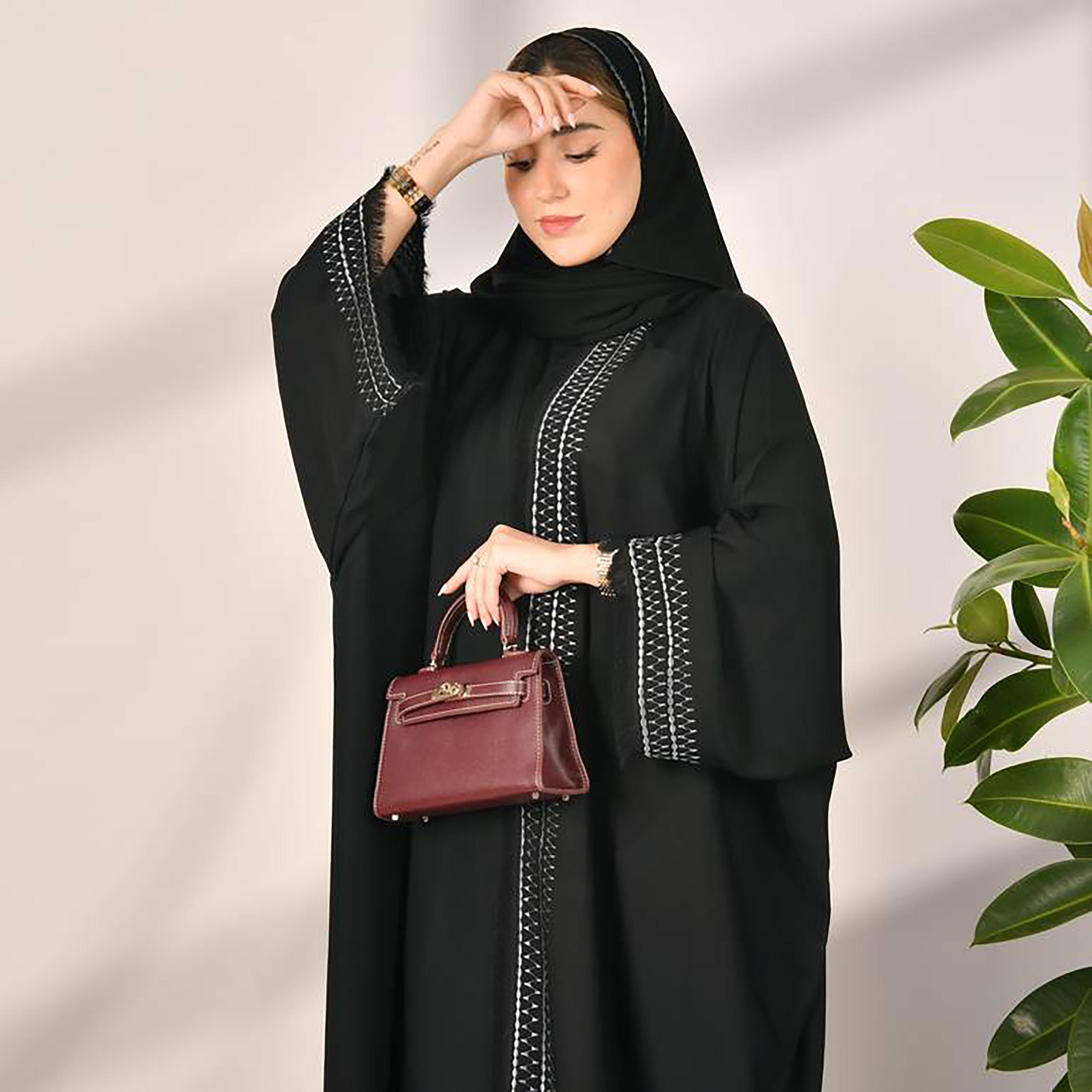 Hawraa Black Flared Sleeves Crepe Embroidered Wrap Abaya with Hijab-women-arabicclothing-abayas-image-2