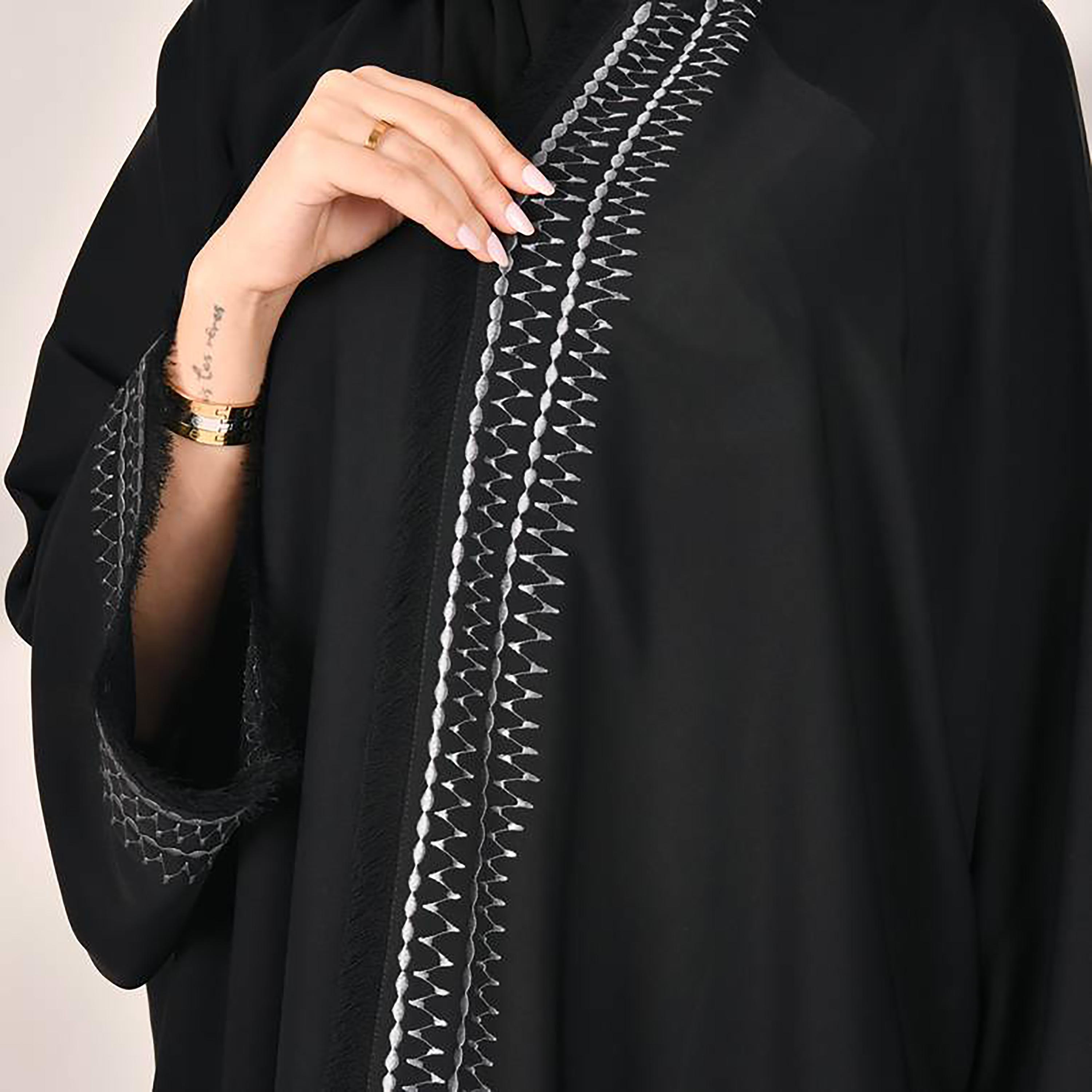 Hawraa Black Flared Sleeves Crepe Embroidered Wrap Abaya with Hijab-women-arabicclothing-abayas-image-3
