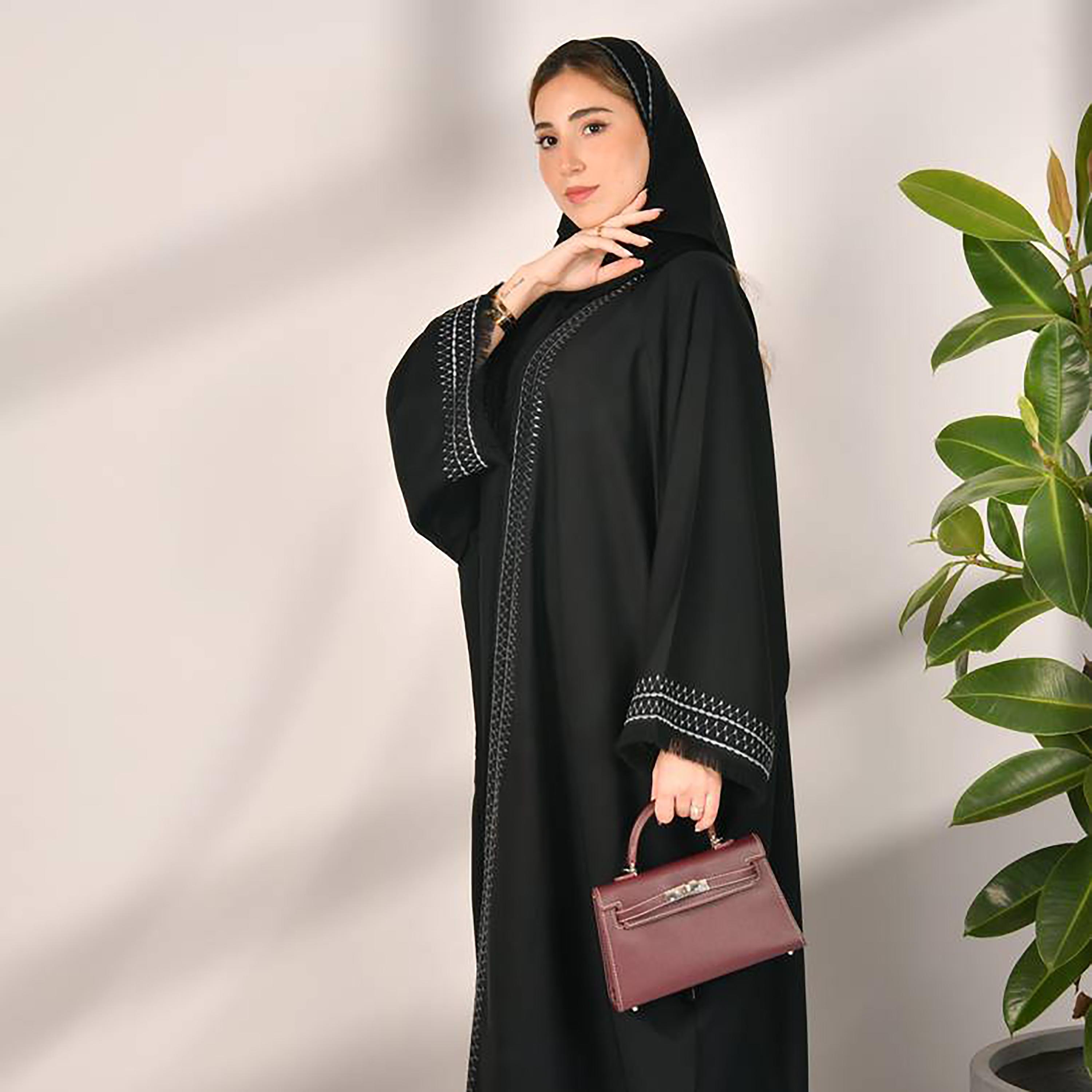 Hawraa Black Flared Sleeves Crepe Embroidered Wrap Abaya with Hijab-women-arabicclothing-abayas-image-4