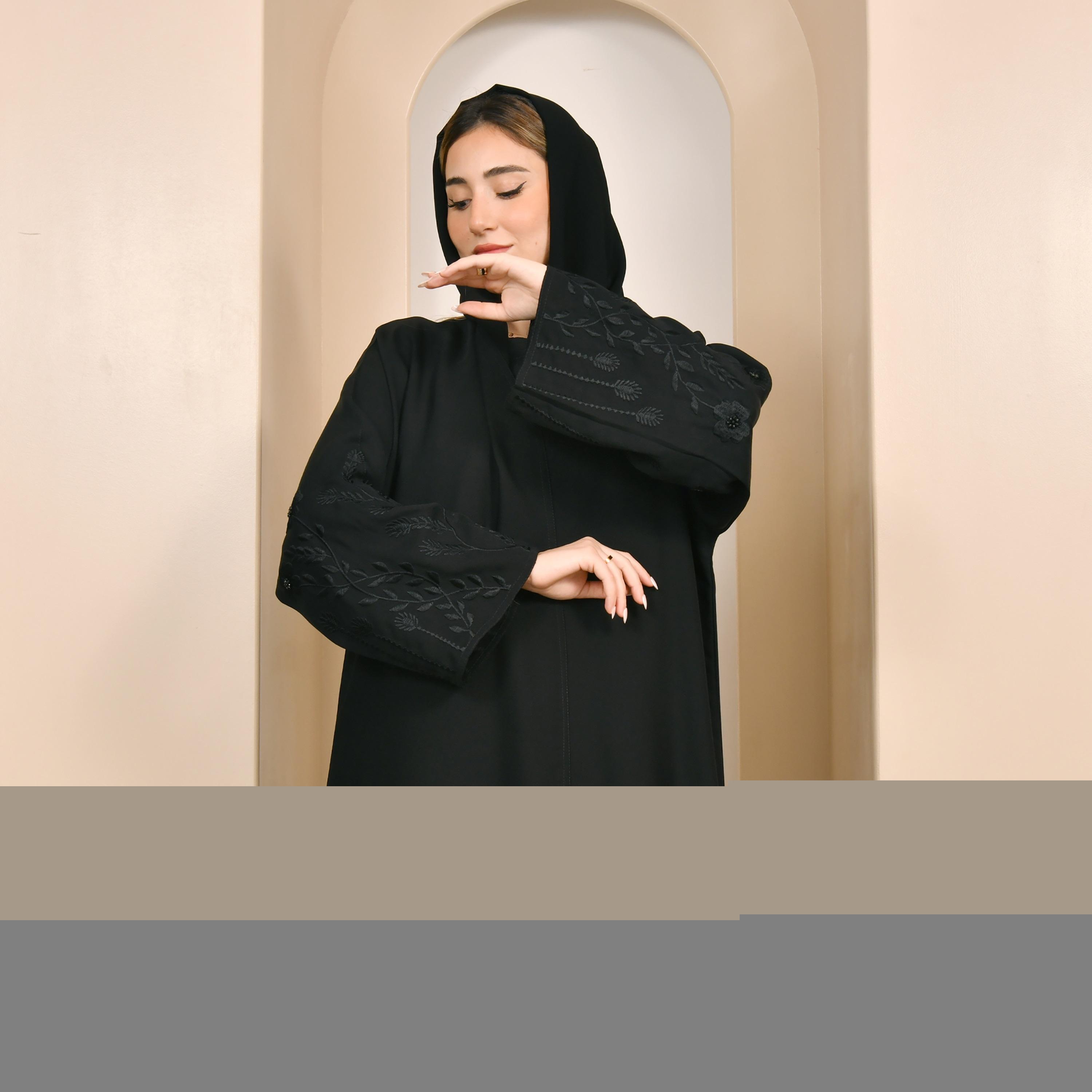 Hawraa Embroidered Sleeves Abaya with Hijab-women-arabicclothing-abayas-image-2