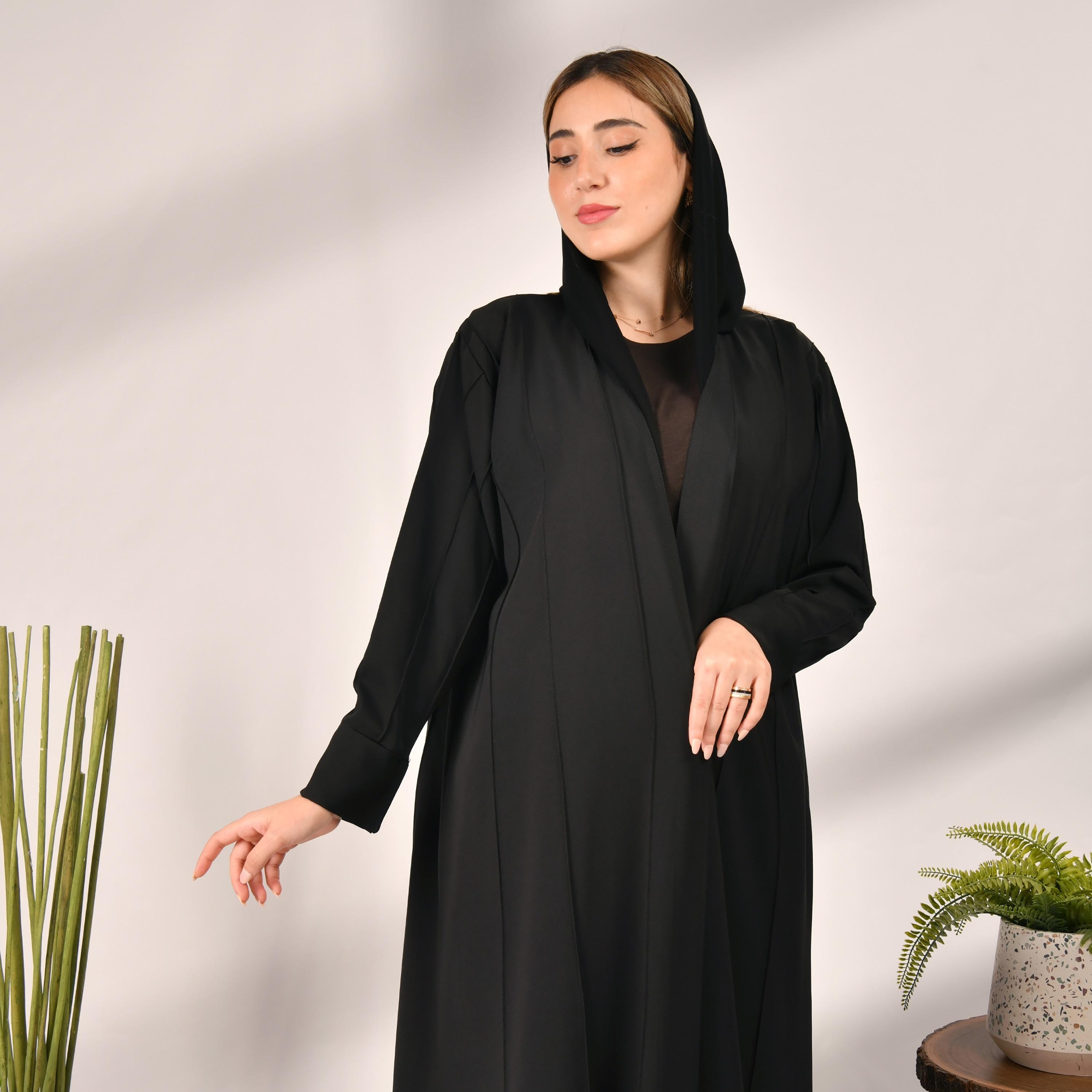 Hawraa Thread Striped Design Wrap Abaya with Hijab-women-arabicclothing-abayas-image-1