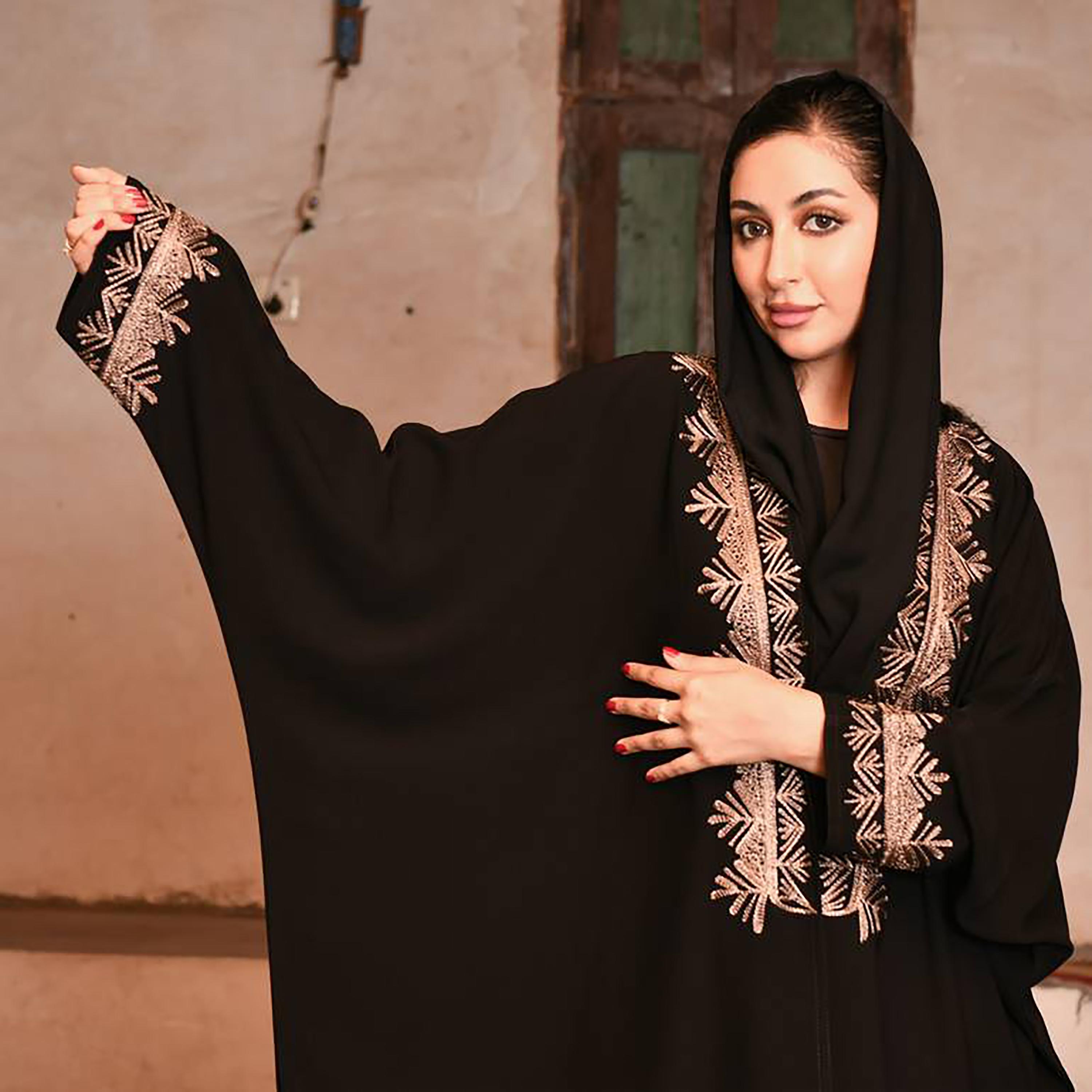 Hawraa Black Batwing Sleeves Crepe Embroidered Wrap Abaya with Hijab-women-arabicclothing-abayas-image-3