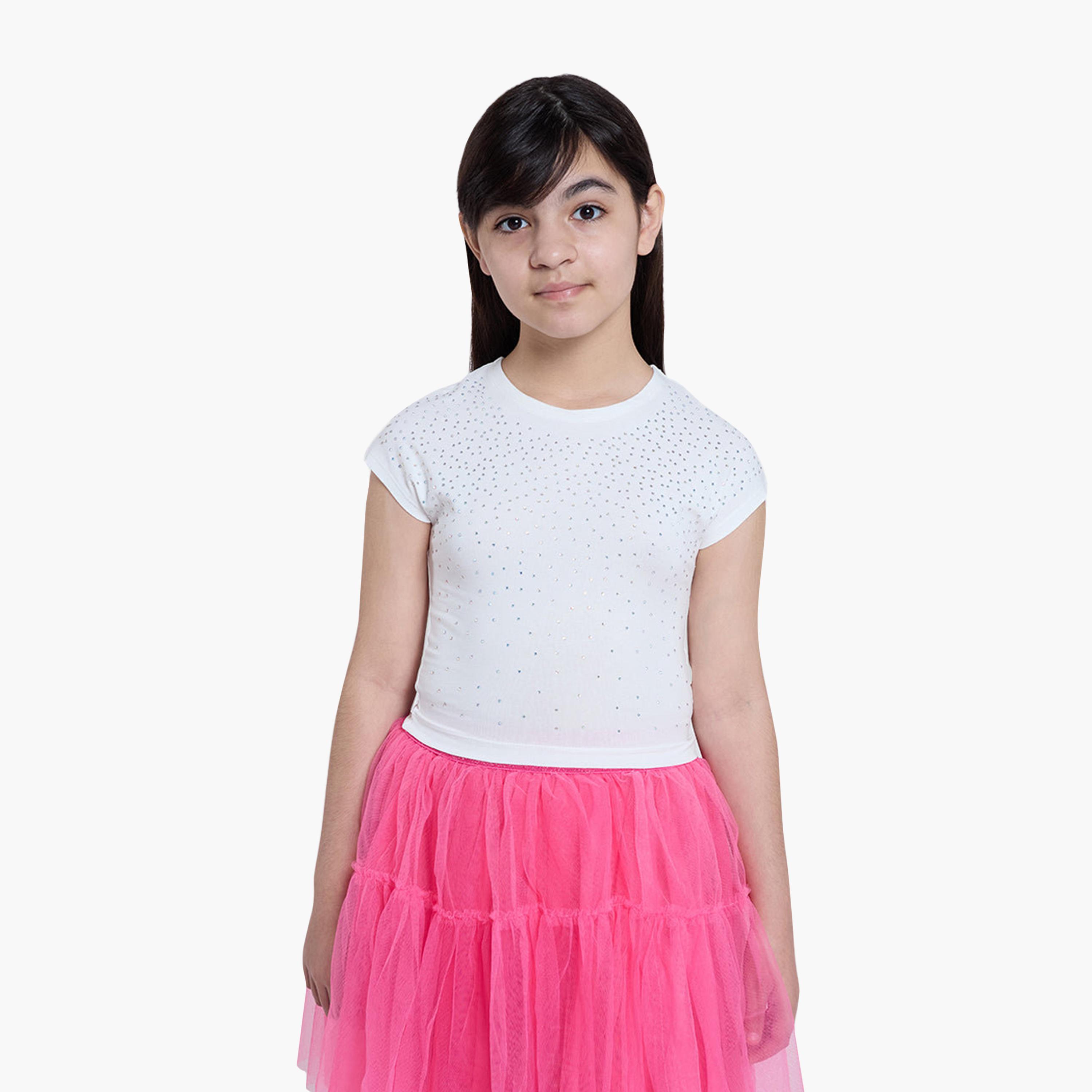 OVS Cotton Rhinestone Embellished Half Sleeves T-Shirt-girls-clothing-tshirts-image-1