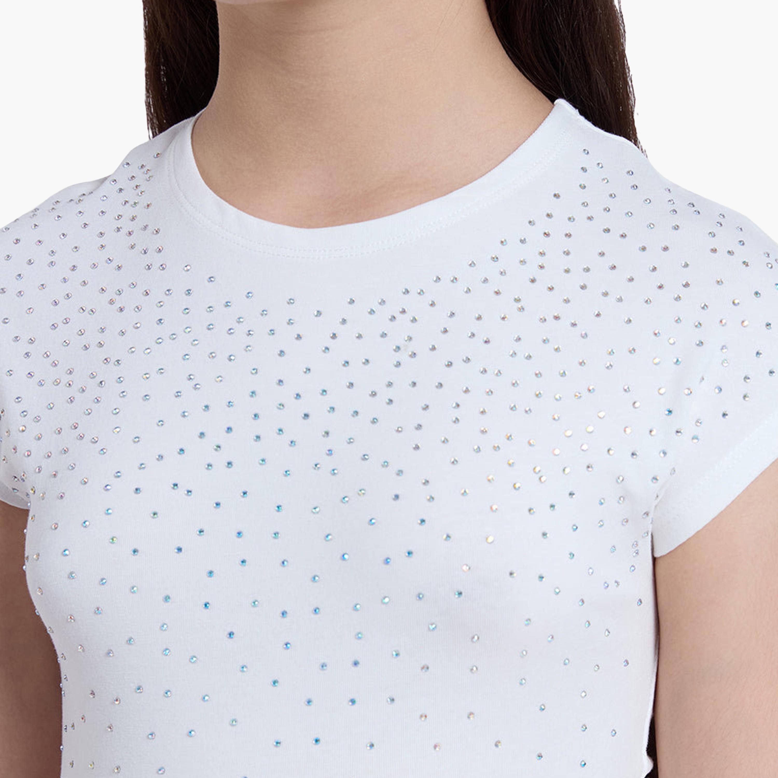 OVS Cotton Rhinestone Embellished Half Sleeves T-Shirt-girls-clothing-tshirts-image-4