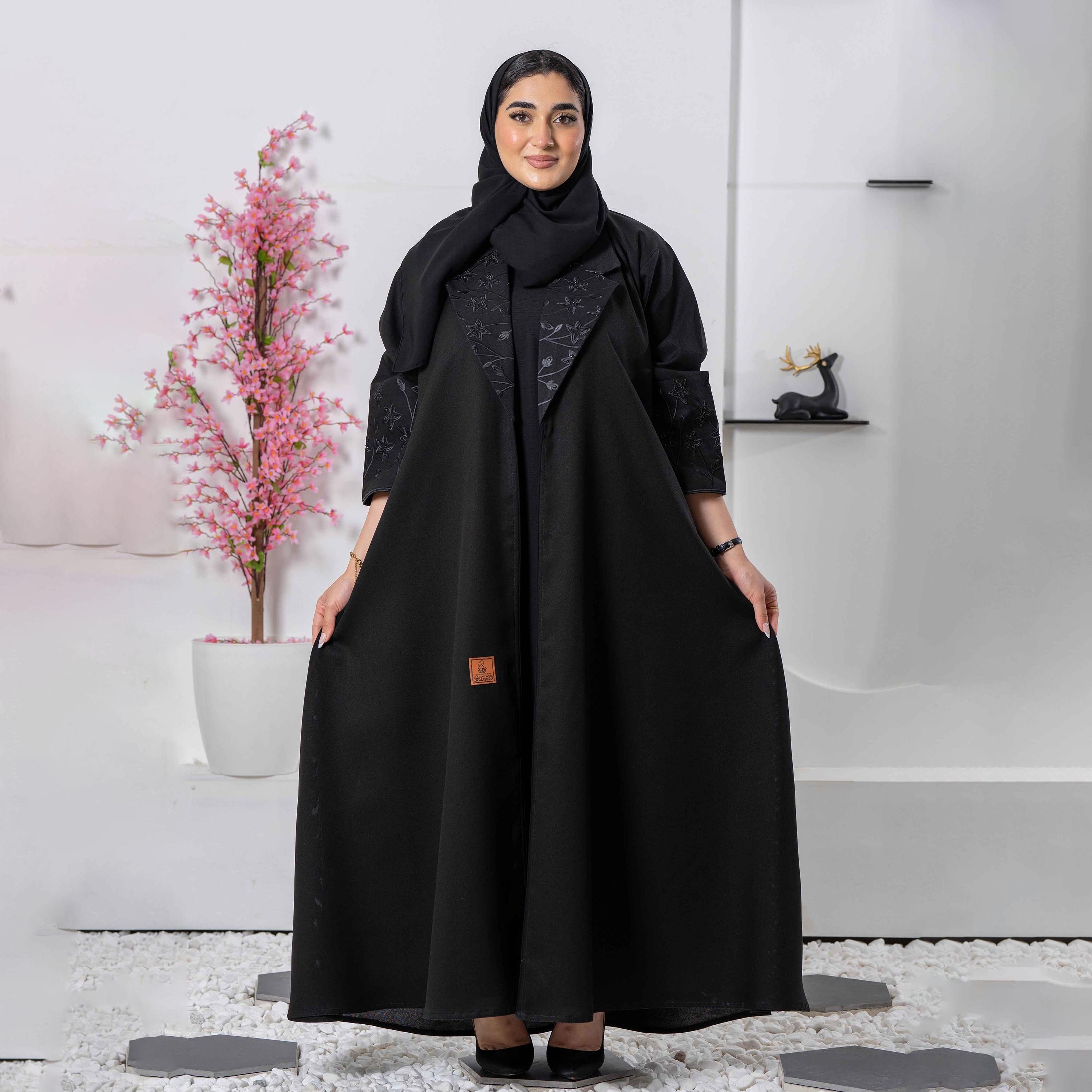 Zahiyh Embroidered Black Lapel Collared Women's Cloche Abaya with Tarha-women-arabicclothing-abayas-image-1