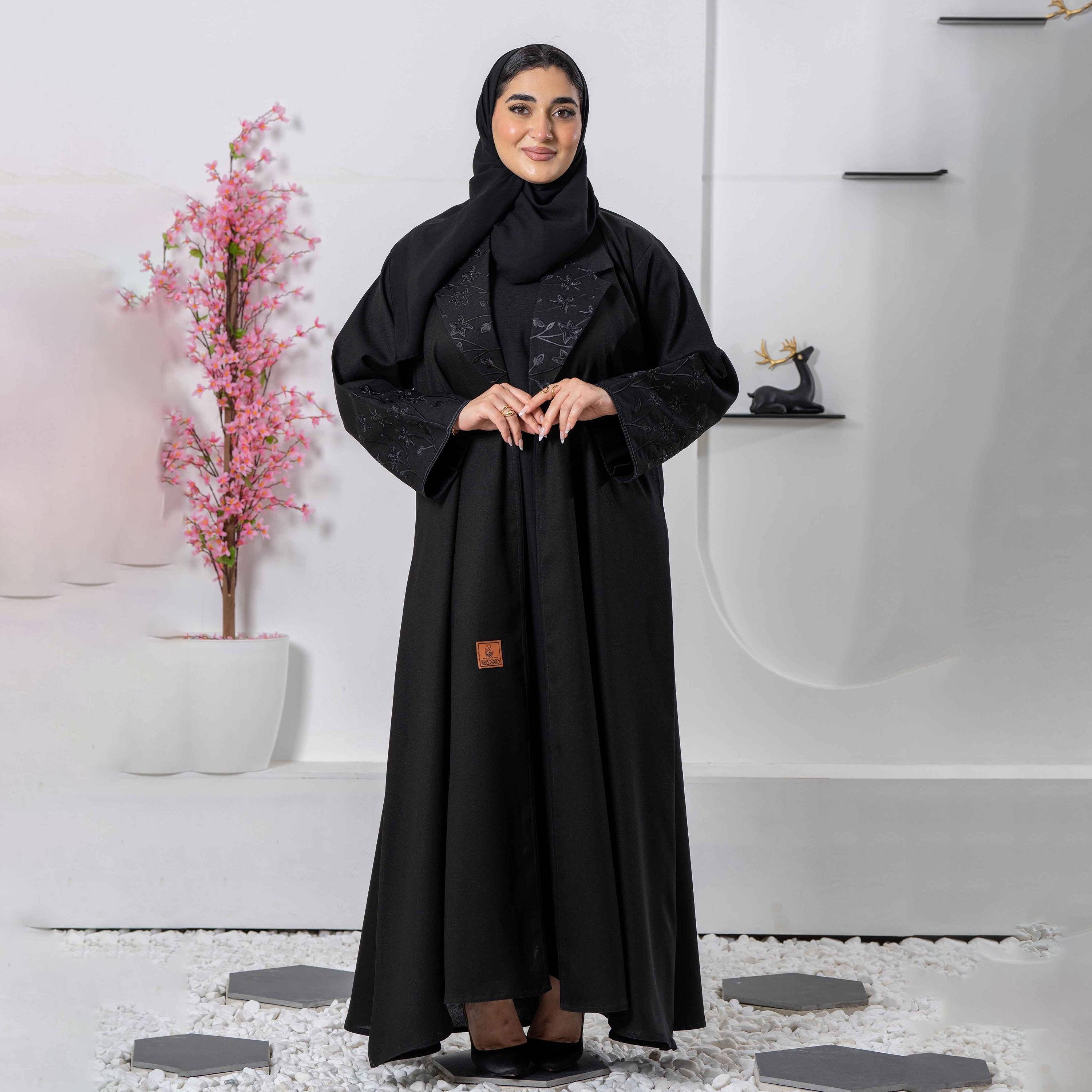 Zahiyh Embroidered Black Lapel Collared Women's Cloche Abaya with Tarha-women-arabicclothing-abayas-image-2