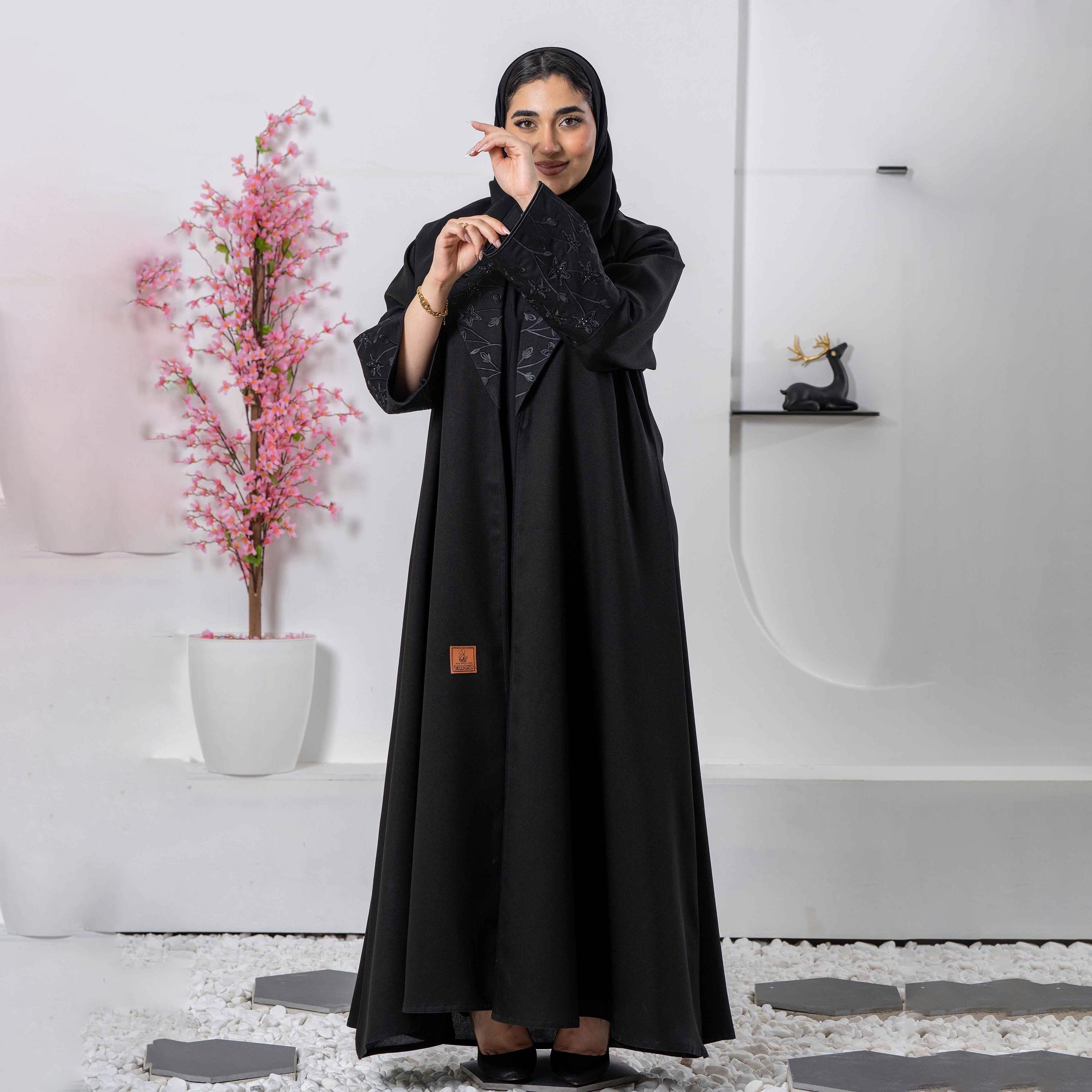 Zahiyh Embroidered Black Lapel Collared Women's Cloche Abaya with Tarha-women-arabicclothing-abayas-image-3