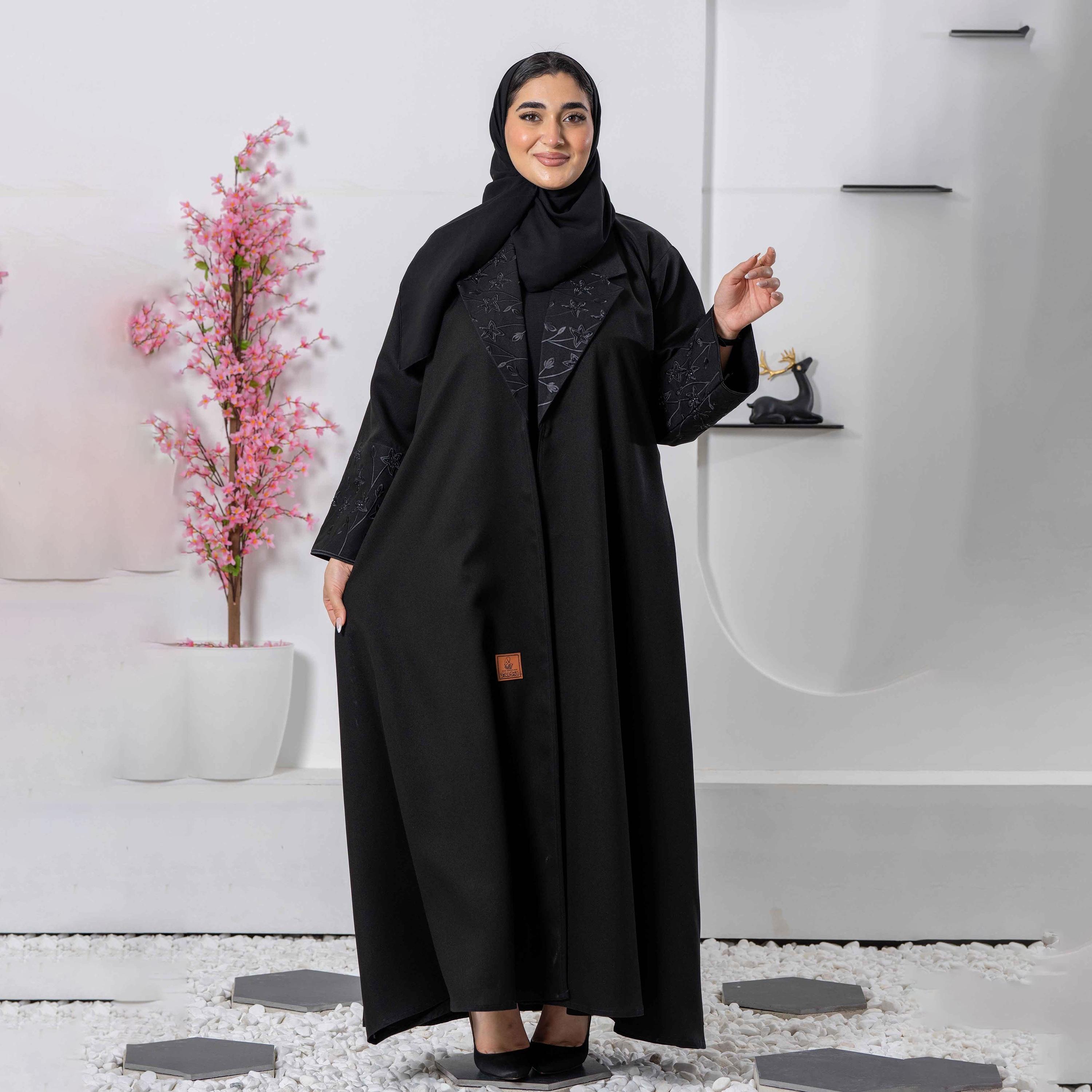 Zahiyh Embroidered Black Lapel Collared Women's Cloche Abaya with Tarha-women-arabicclothing-abayas-image-4
