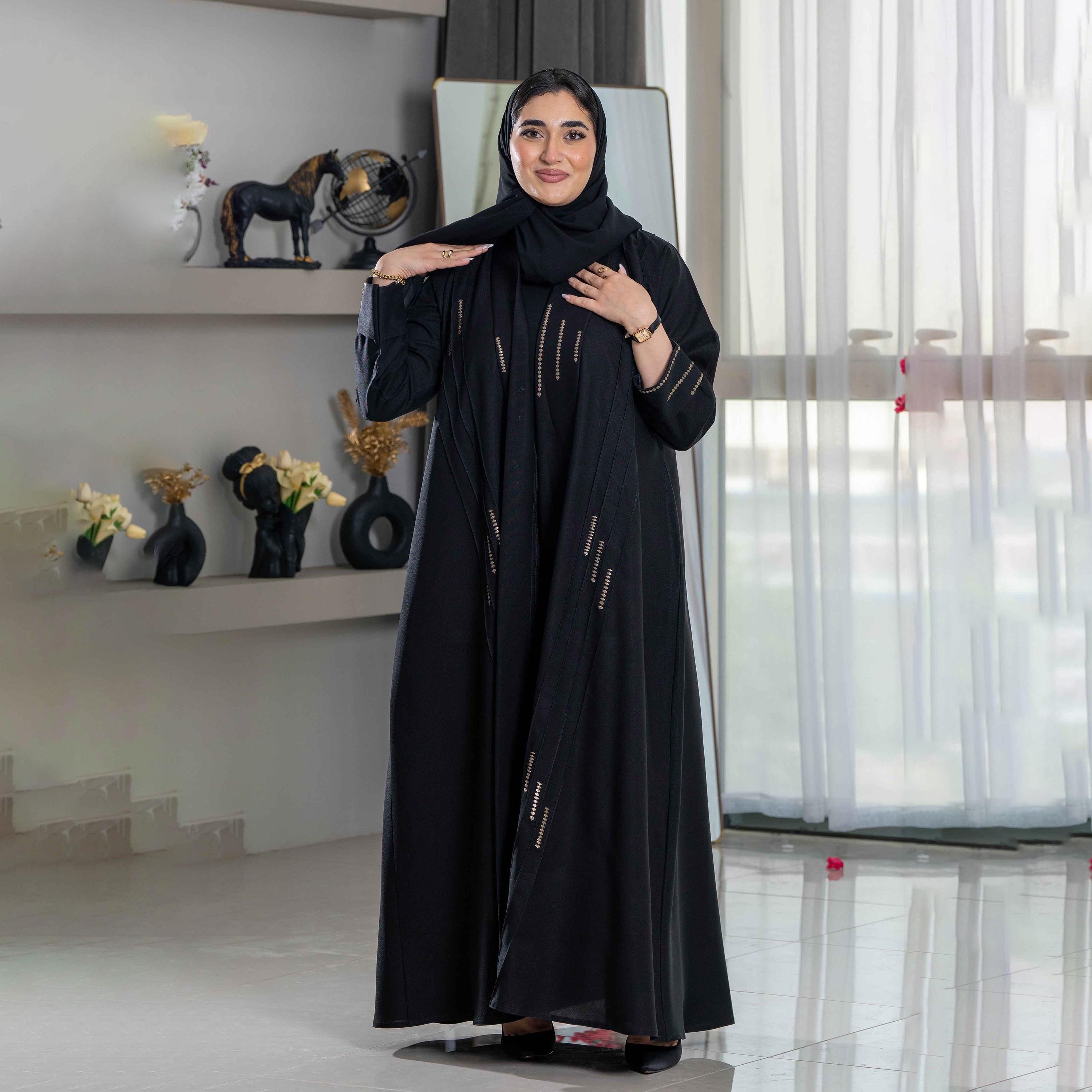 Zahiyh Embroidered Black Lapel Collared Women's Galush Abaya with Tarha-women-arabicclothing-abayas-image-3