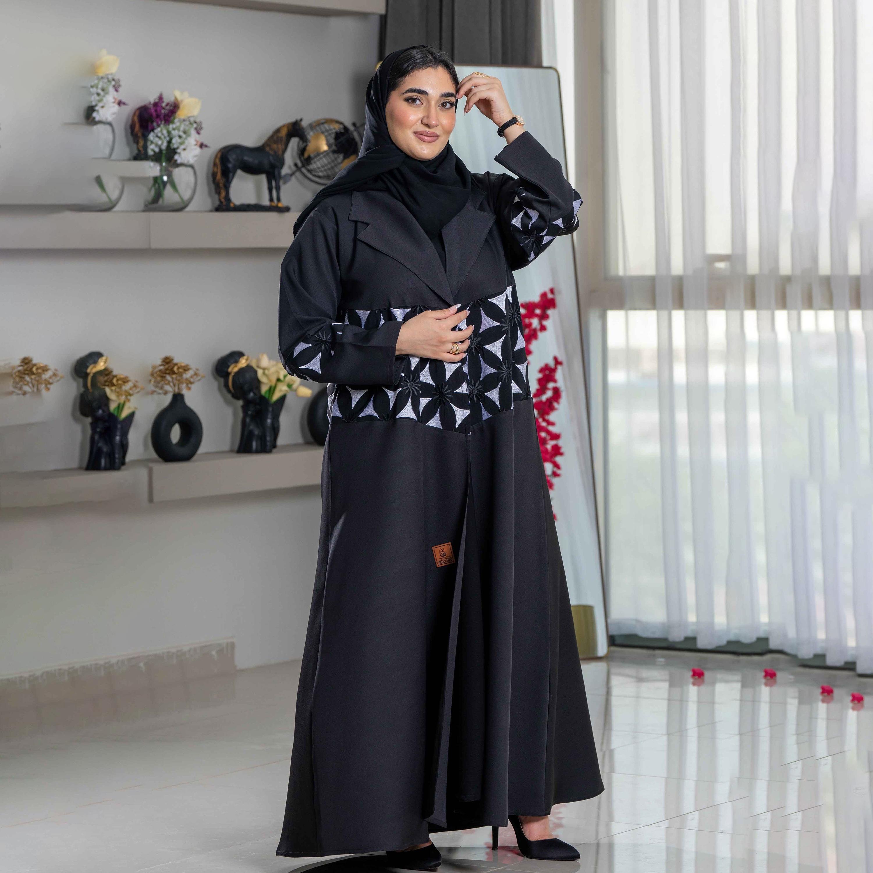 Zahiyh Embroidered Black Lapel Collared Women's Cloche Abaya with Tarha-women-arabicclothing-abayas-image-1