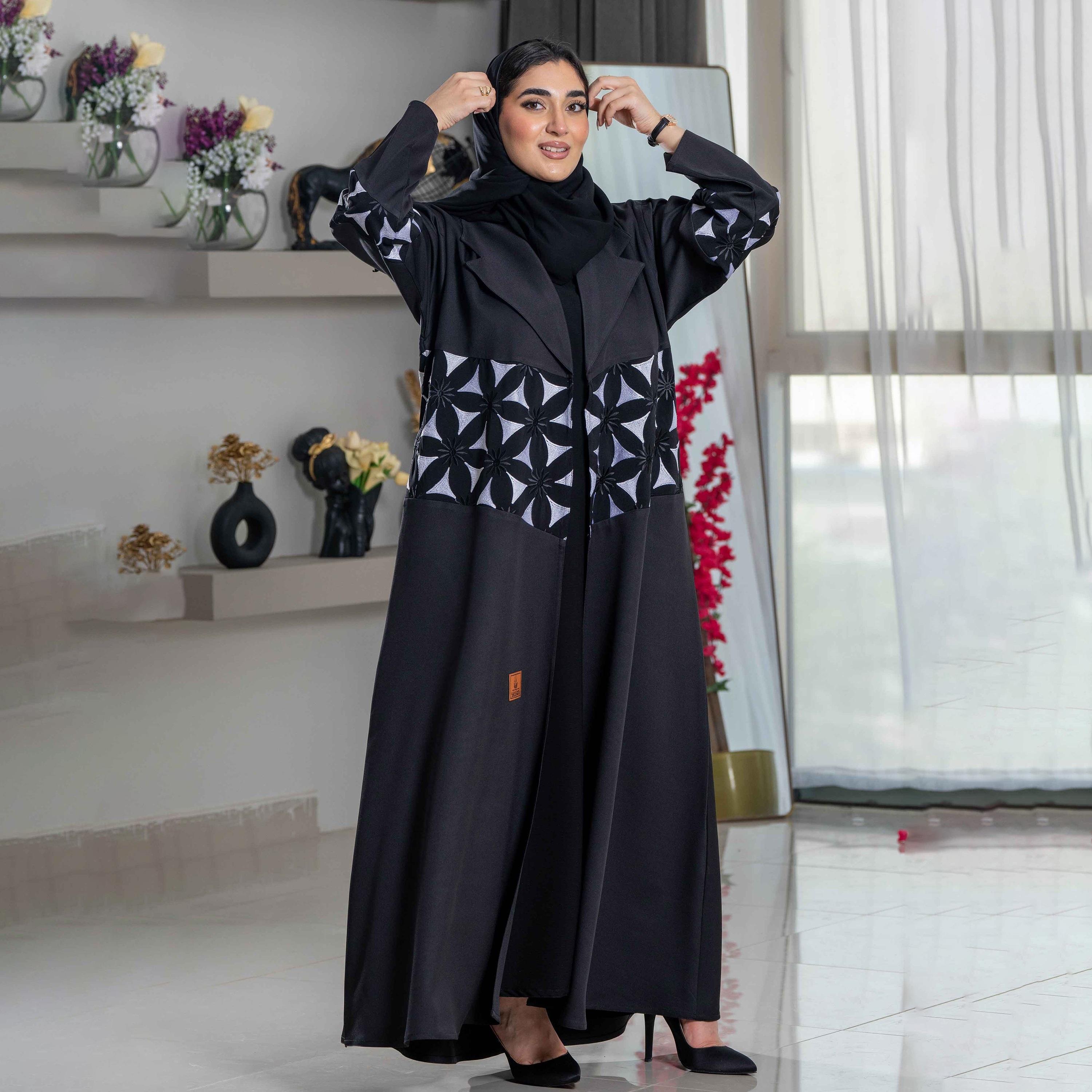 Zahiyh Embroidered Black Lapel Collared Women's Cloche Abaya with Tarha-women-arabicclothing-abayas-image-2