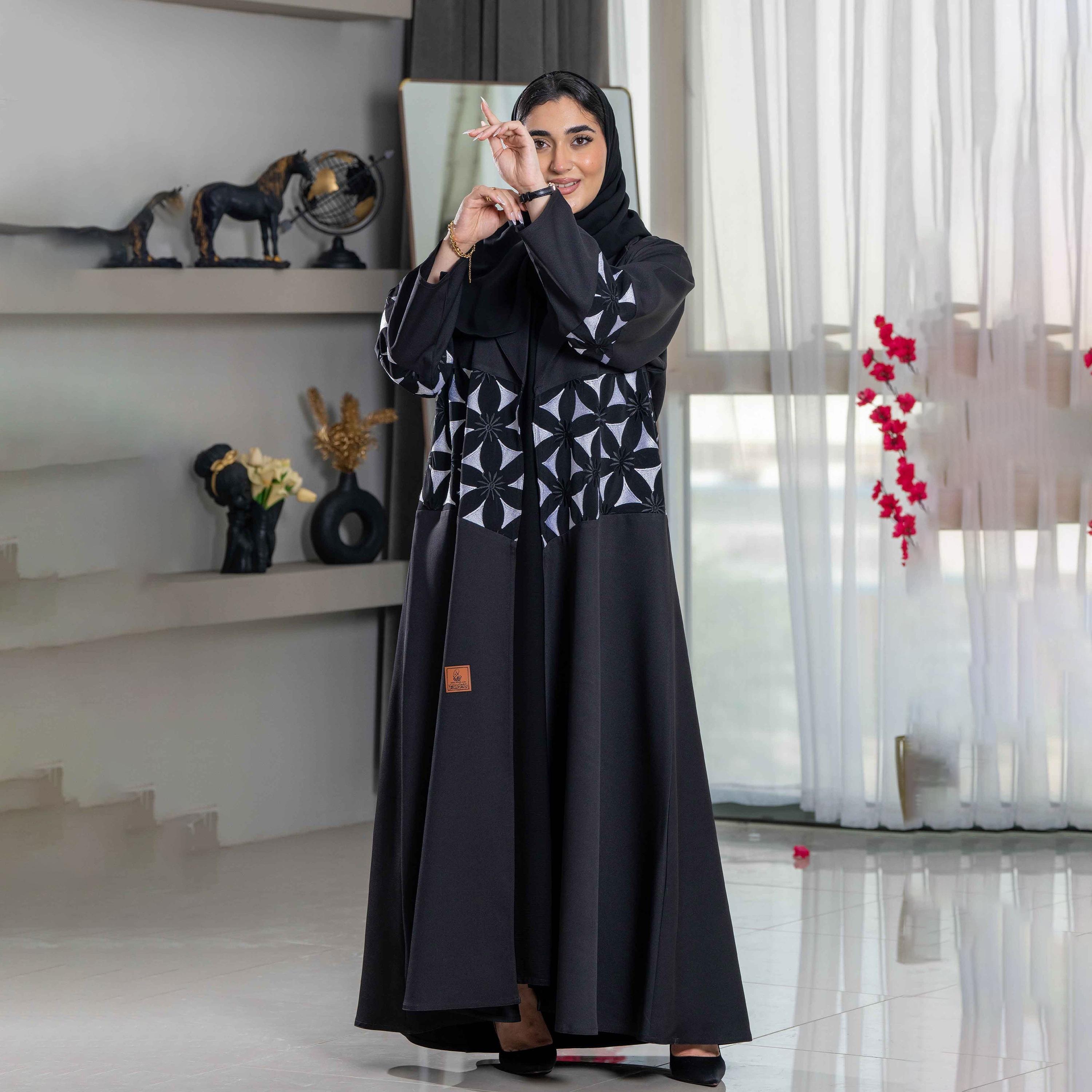 Zahiyh Embroidered Black Lapel Collared Women's Cloche Abaya with Tarha-women-arabicclothing-abayas-image-3