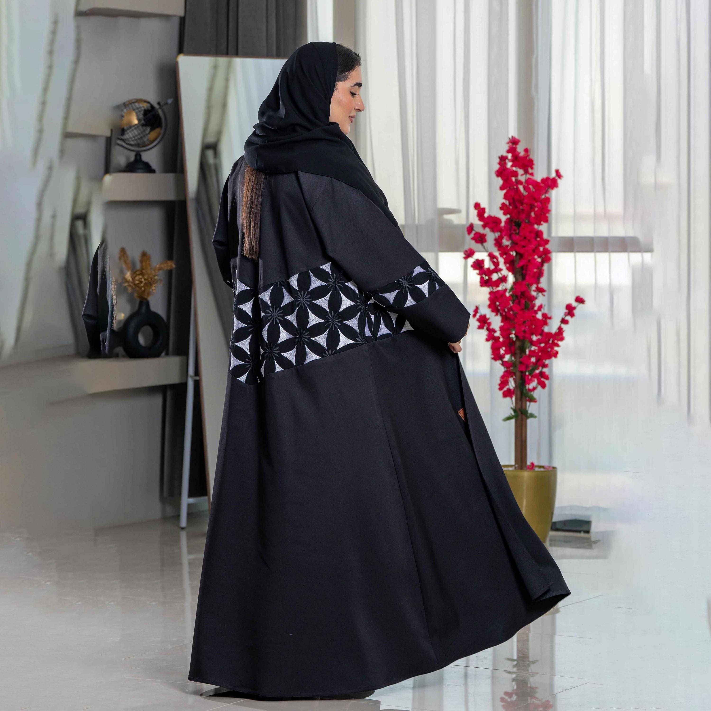 Zahiyh Embroidered Black Lapel Collared Women's Cloche Abaya with Tarha-women-arabicclothing-abayas-image-4