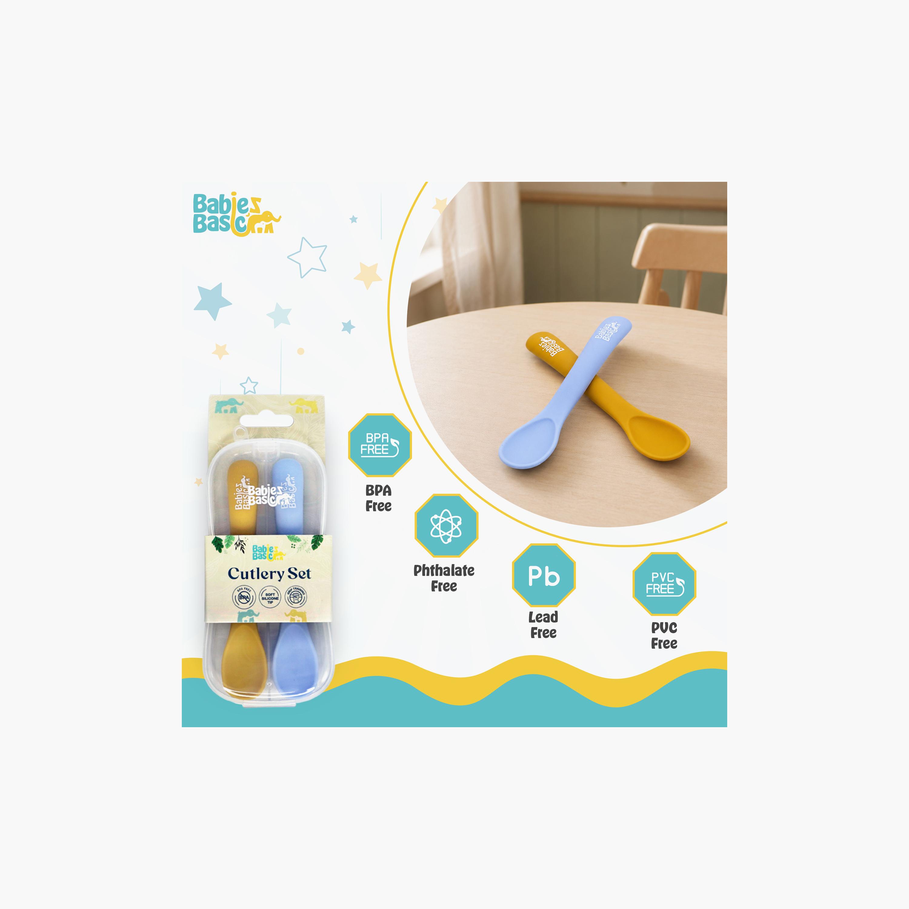 طقم ملاعق سيليكون مرنة مع علبة حفظ للسفر قطعتين من بيبيز بيزك-baby-feeding-mealtimeessentials-image-5