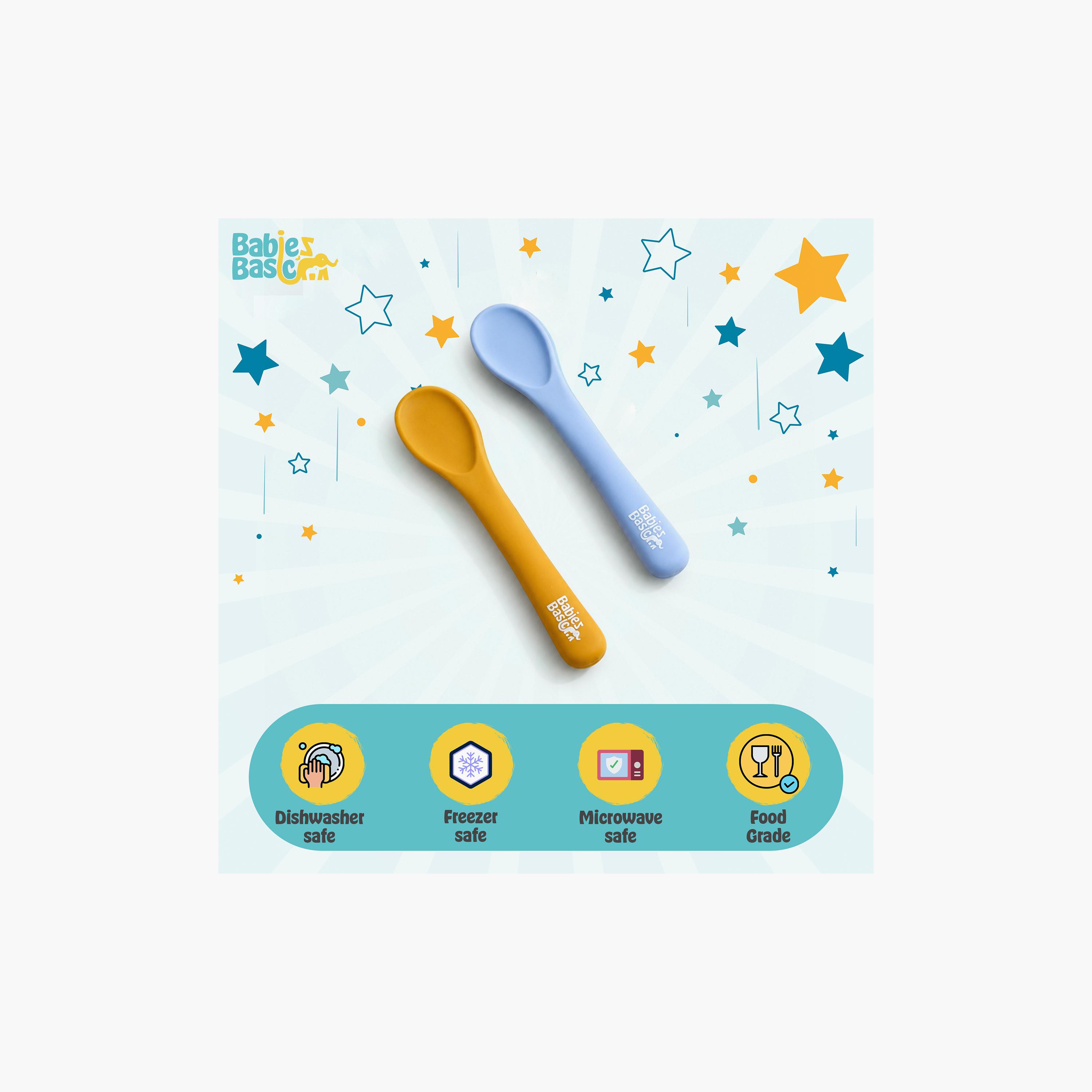 طقم ملاعق سيليكون مرنة مع علبة حفظ للسفر قطعتين من بيبيز بيزك-baby-feeding-mealtimeessentials-image-6