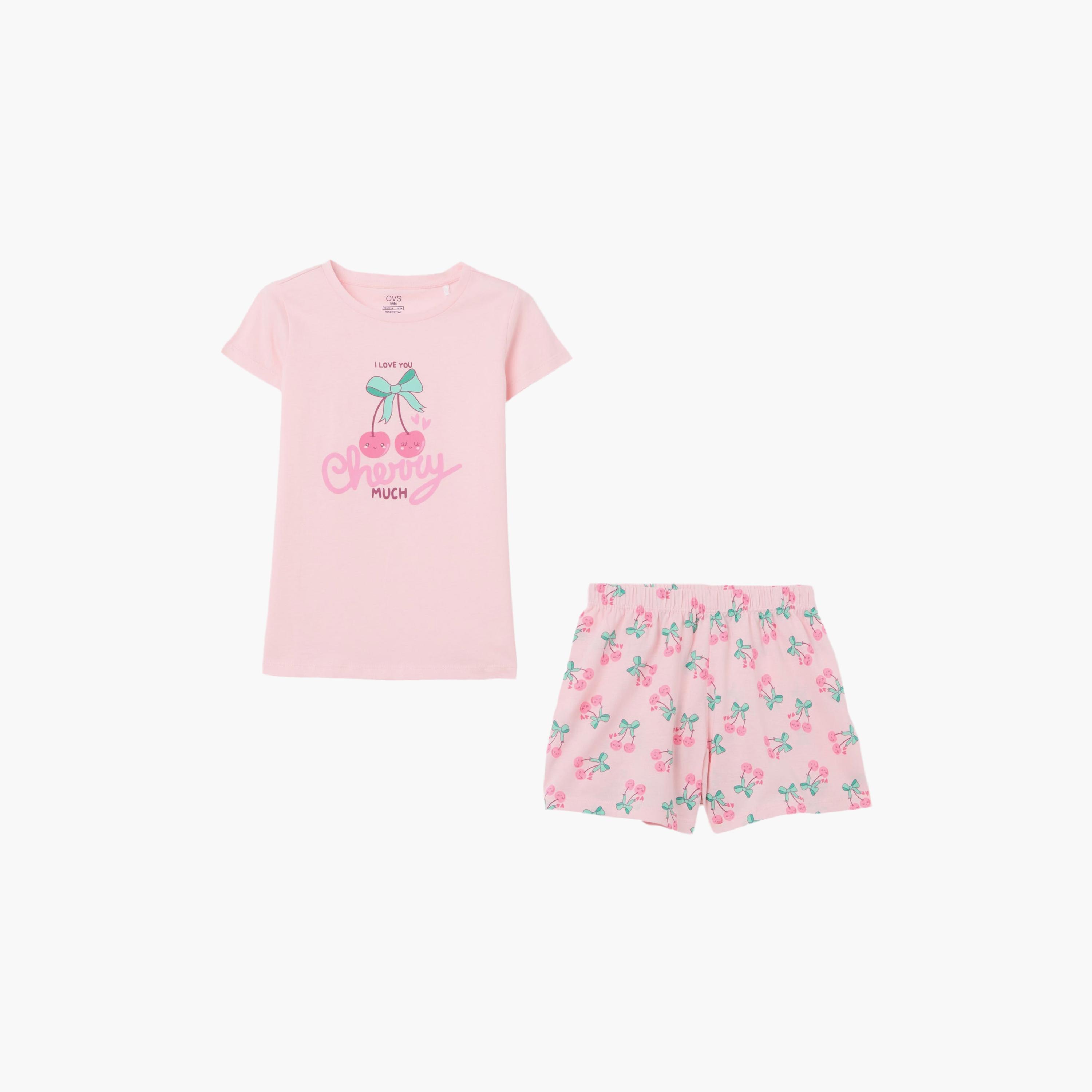 طقم بلوزة قطن مطبوعة وشورت من اوه في اس-girls-clothing-setsandcoords-image-1