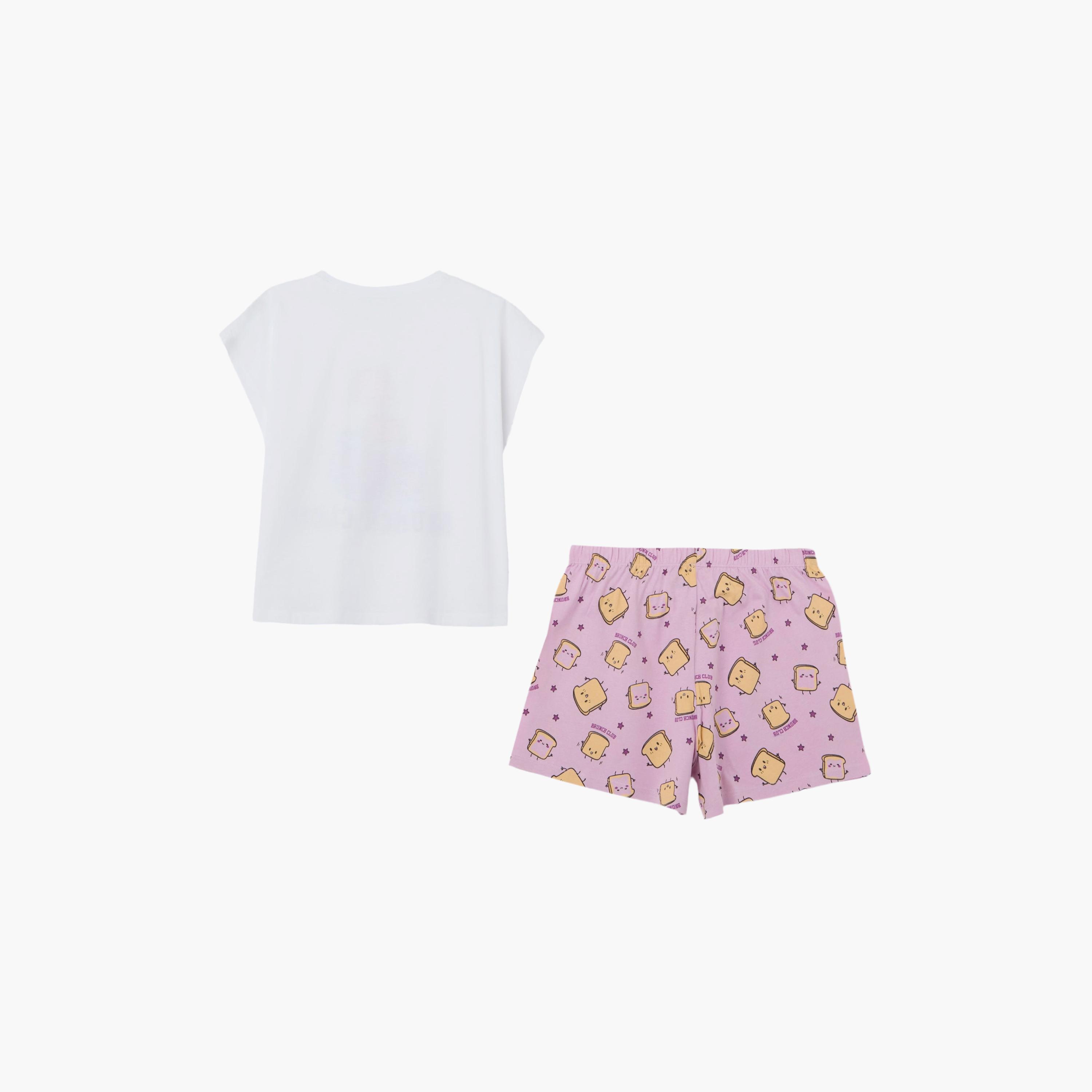 طقم بلوزة قطن مطبوعة وشورت من اوه في اس-girls-clothing-setsandcoords-image-2