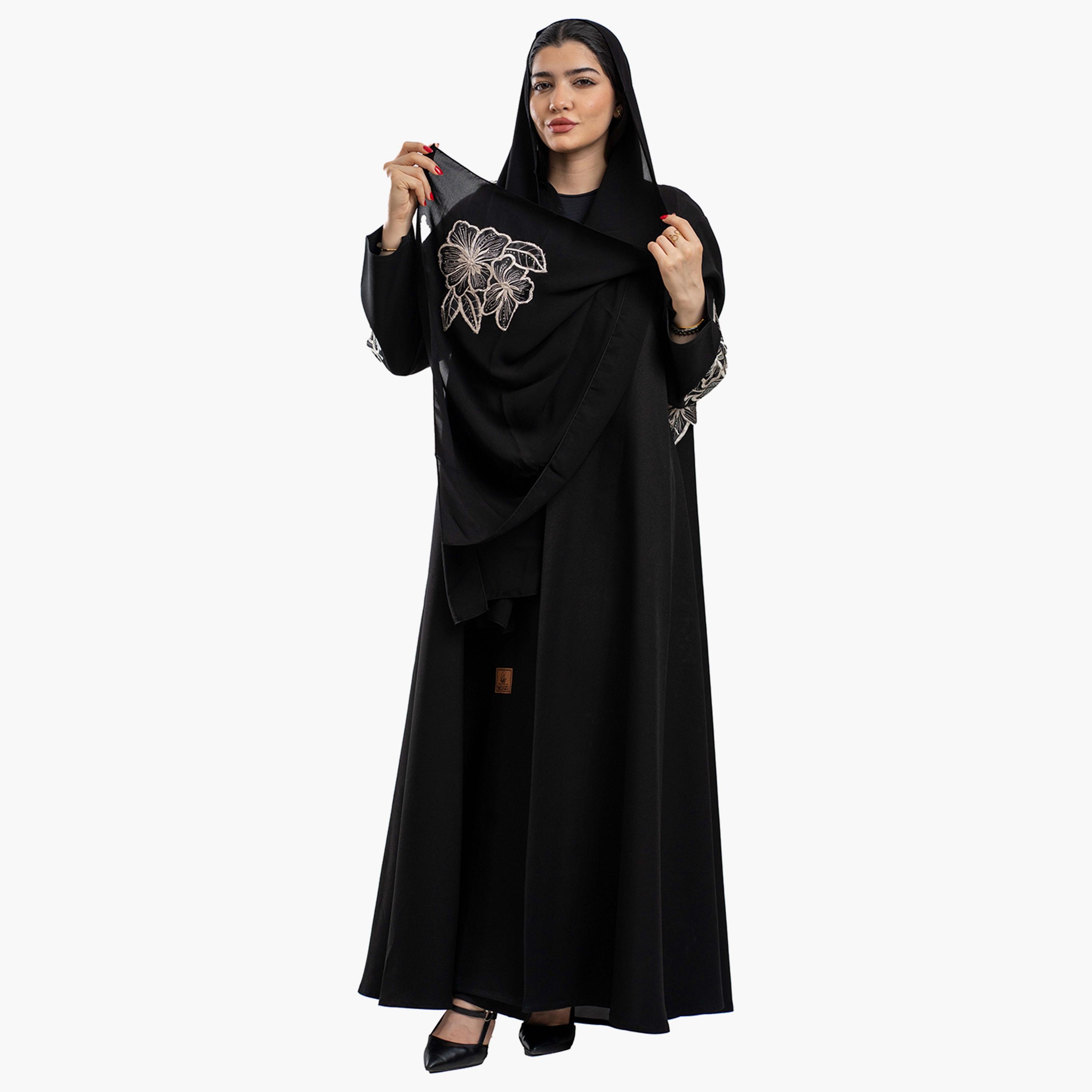 عباية نسائية سوداء مطرزة كلوش مع طرحة من زاهيه-women-arabicclothing-abayas-image-1