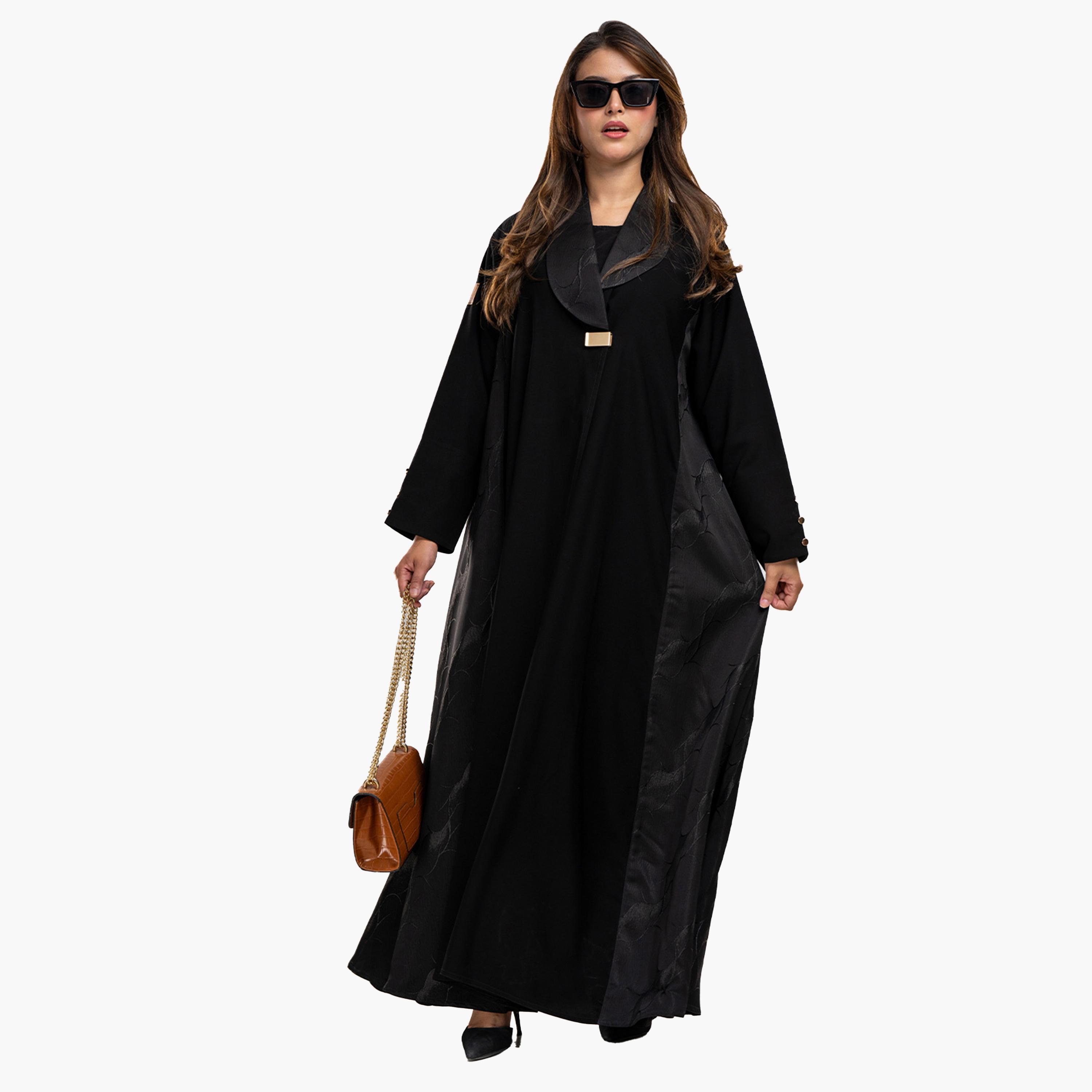 Zahiyh Embroidered Black Lapel Collared Crepe & Jacquard Women's Abaya with Tarha-women-arabicclothing-abayas-image-1