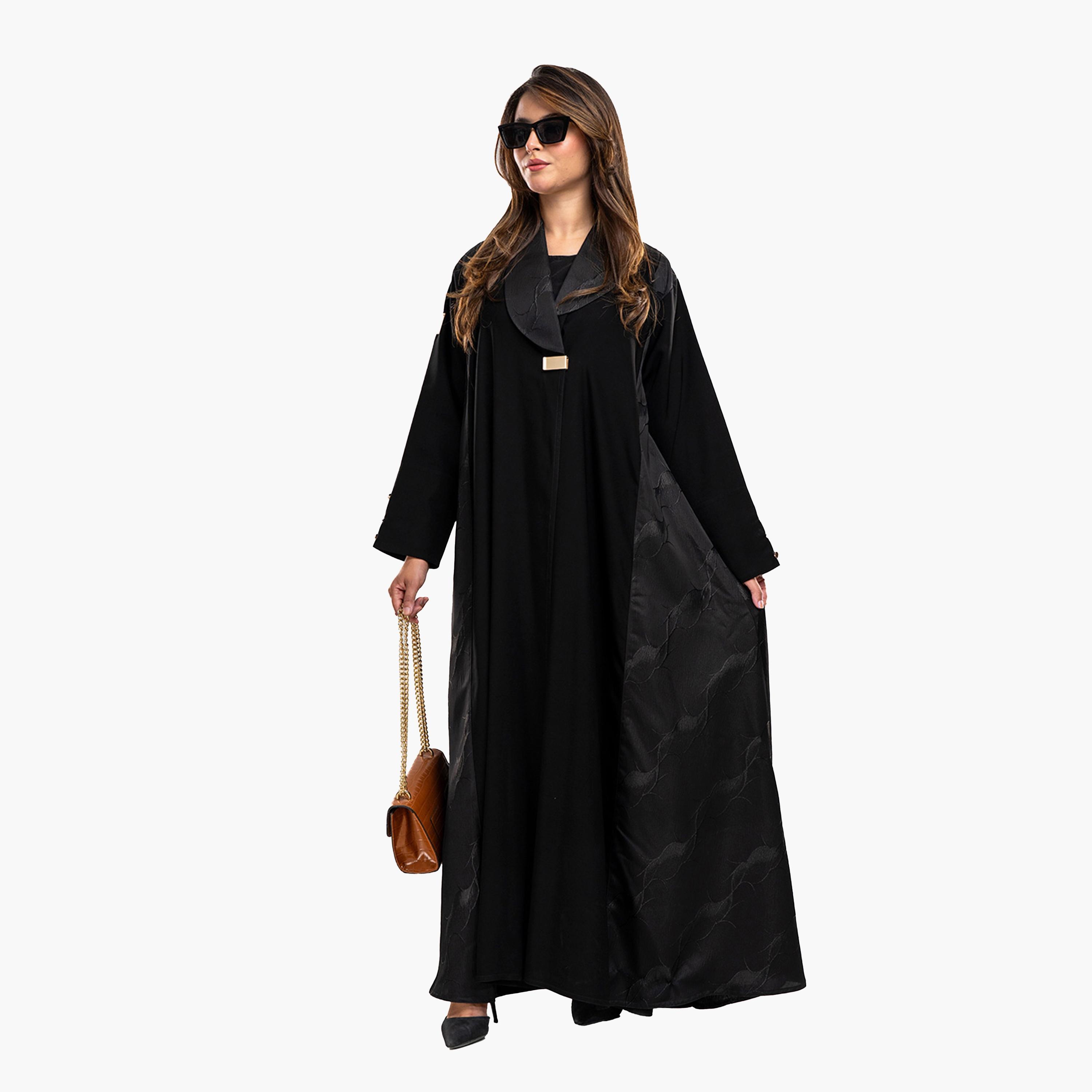 Zahiyh Embroidered Black Lapel Collared Crepe & Jacquard Women's Abaya with Tarha-women-arabicclothing-abayas-image-2