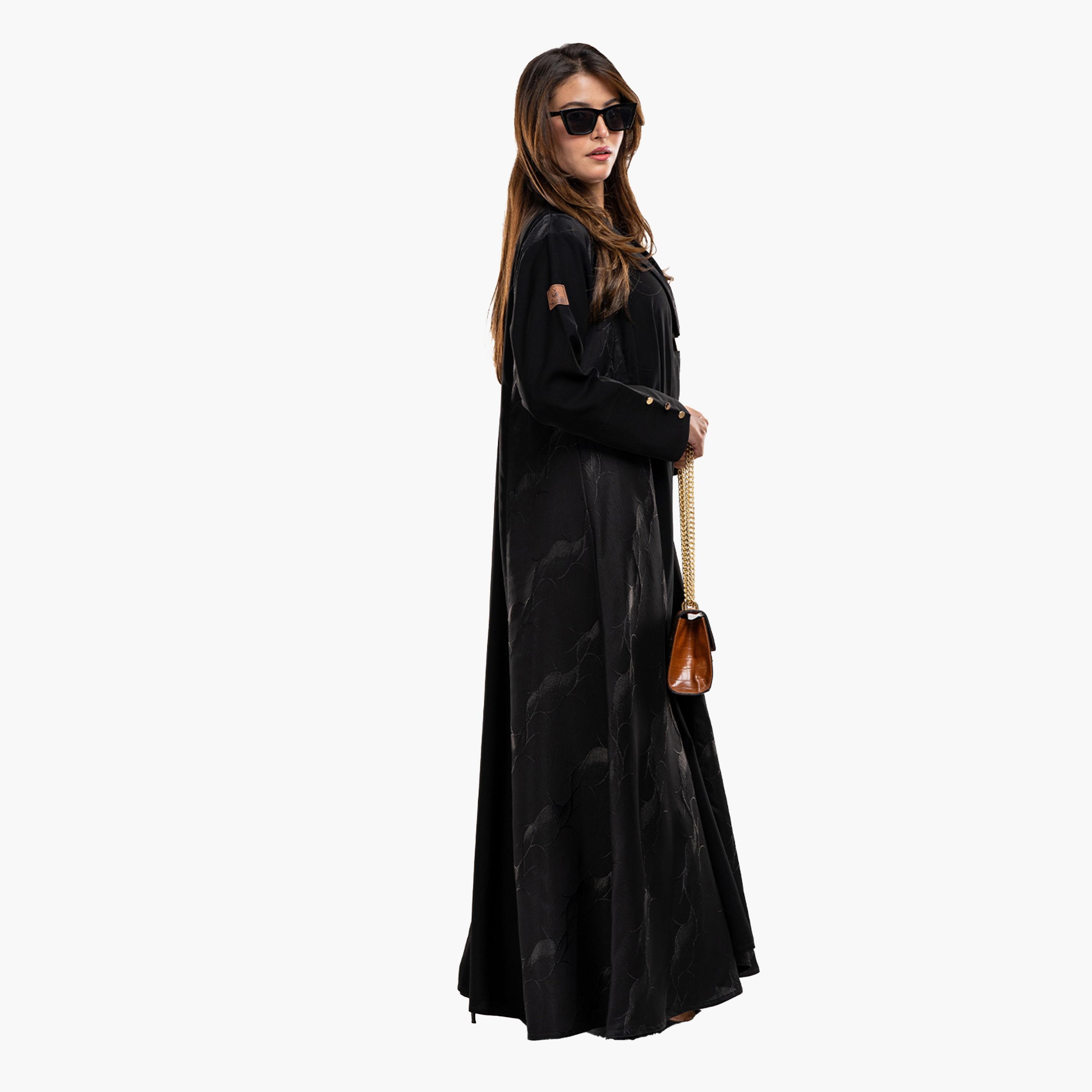 Zahiyh Embroidered Black Lapel Collared Crepe & Jacquard Women's Abaya with Tarha-women-arabicclothing-abayas-image-3