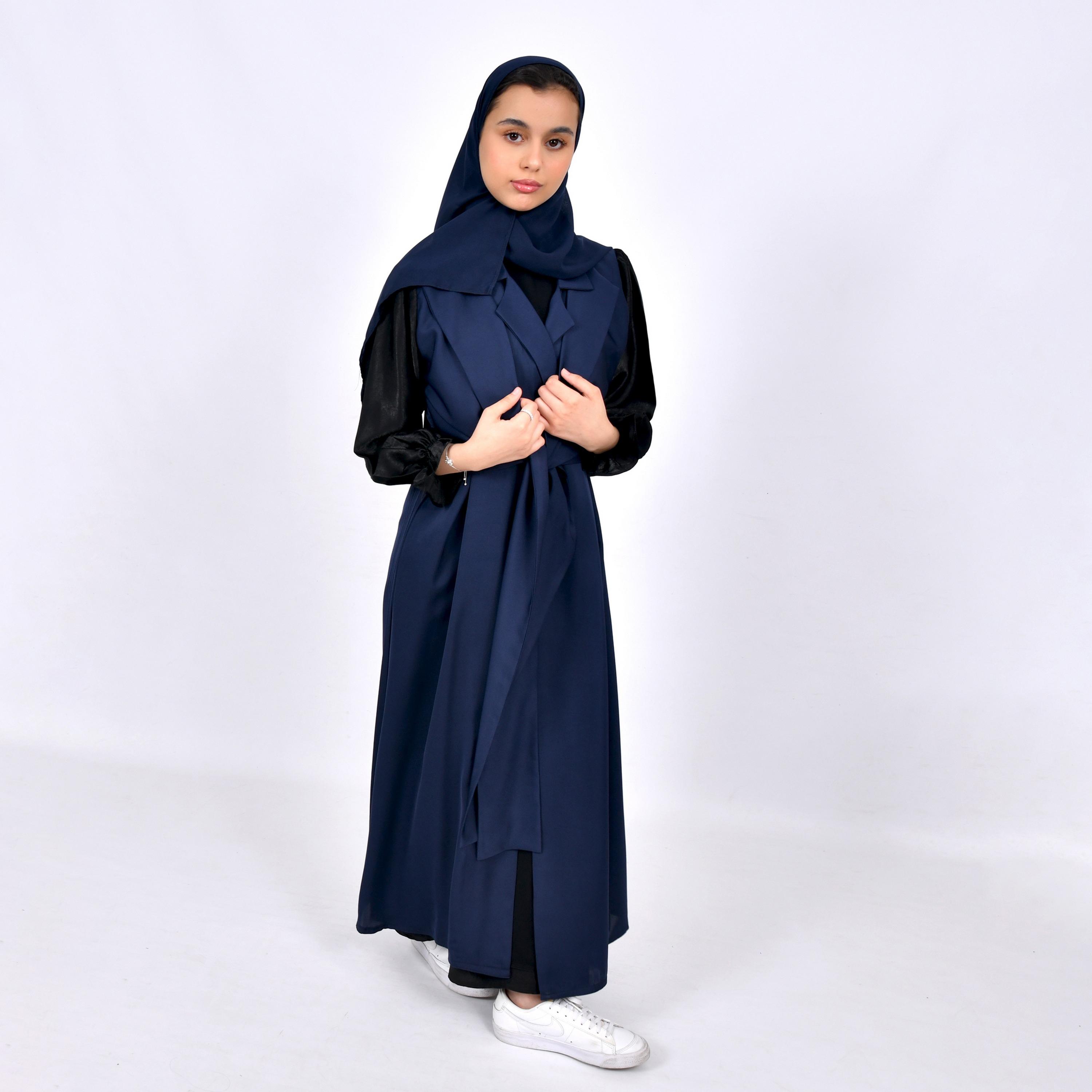 Hawraa Multicolour Colour Blocked Lapel Collar Gathered Sleeves Crepe Girls Abaya with Hijab-girls-arabicclothing-abayas-image-1