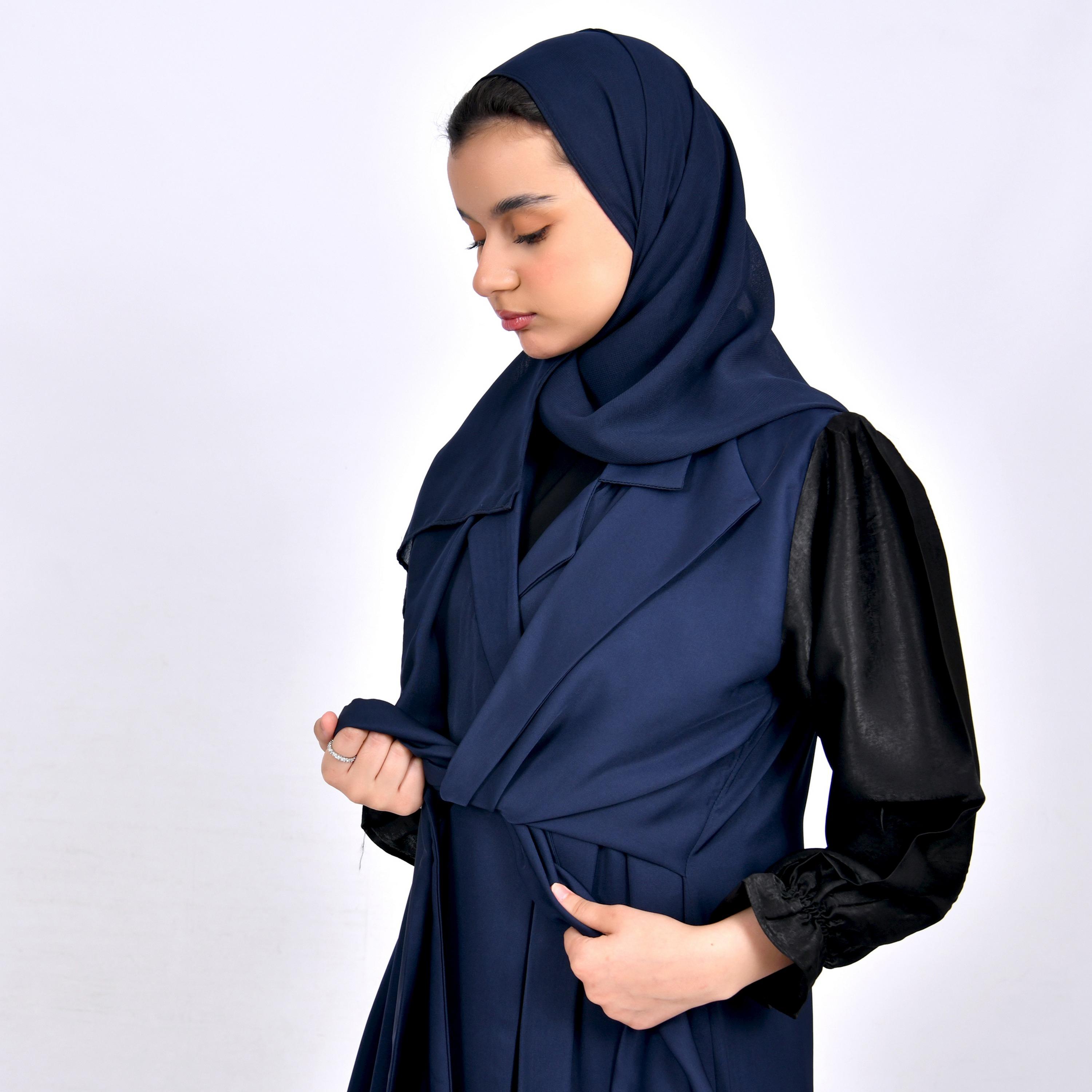 Hawraa Multicolour Colour Blocked Lapel Collar Gathered Sleeves Crepe Girls Abaya with Hijab-girls-arabicclothing-abayas-image-2