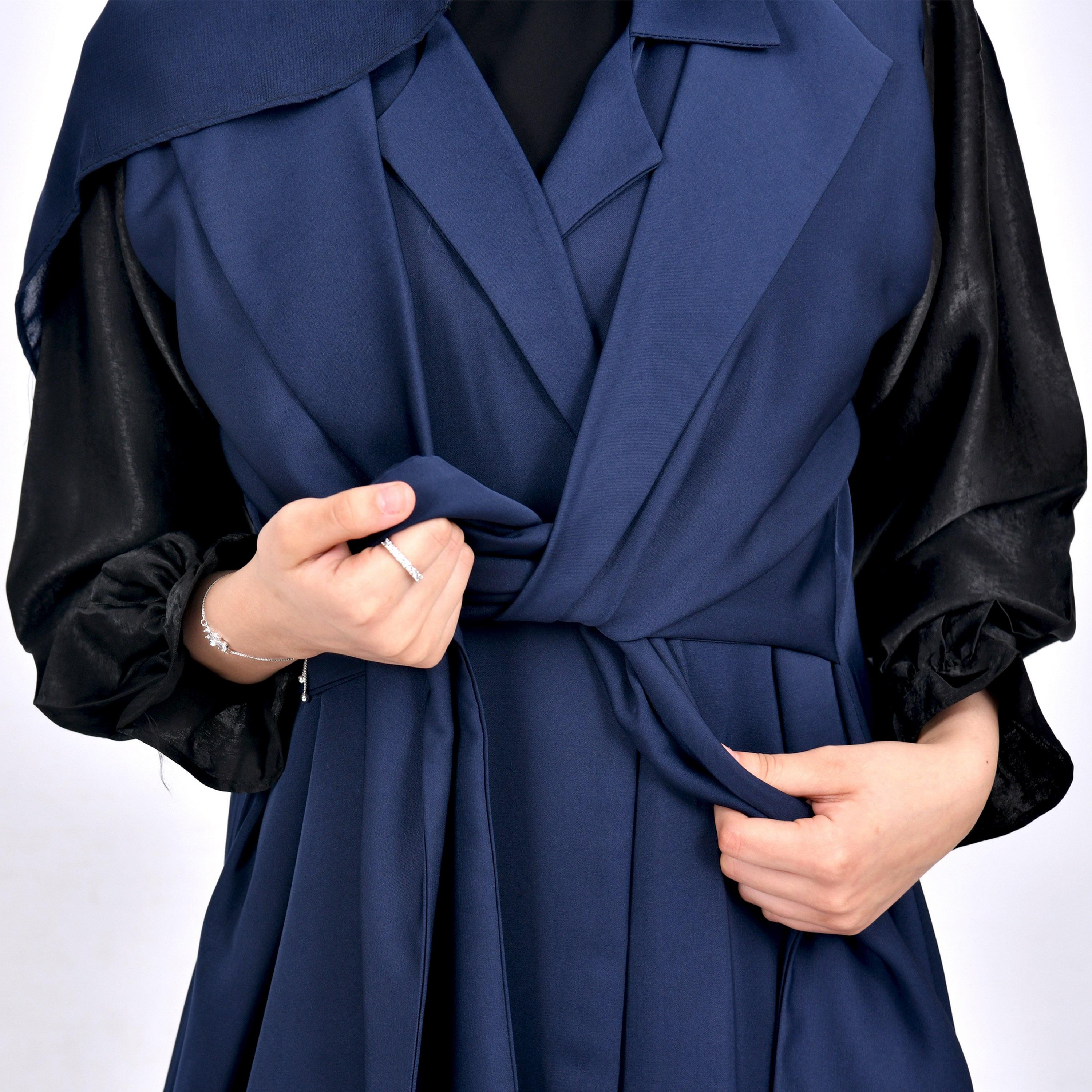 Hawraa Multicolour Colour Blocked Lapel Collar Gathered Sleeves Crepe Girls Abaya with Hijab-girls-arabicclothing-abayas-image-3
